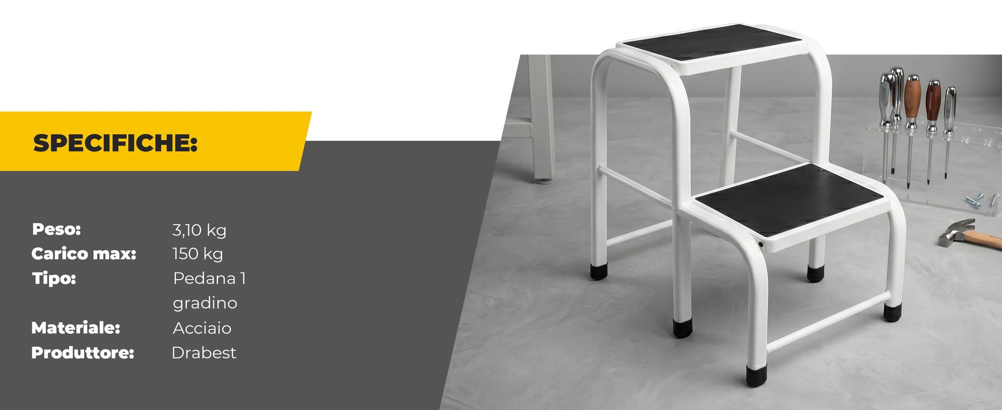 Drabest | Sgabello in acciaio - 2 gradini - Stabile e robusto - Piedini antiscivolo - Portata 150 kg - Per la casa, l'ufficio e le riparazioni