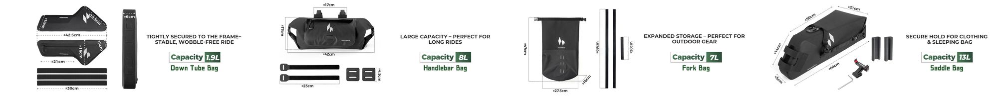 ROCKBROS Bikepacking Taschen Set 5-teilig wasserdicht mit Lenkertasche Rahmentaschen Gabeltasche und Satteltasche Schwarz