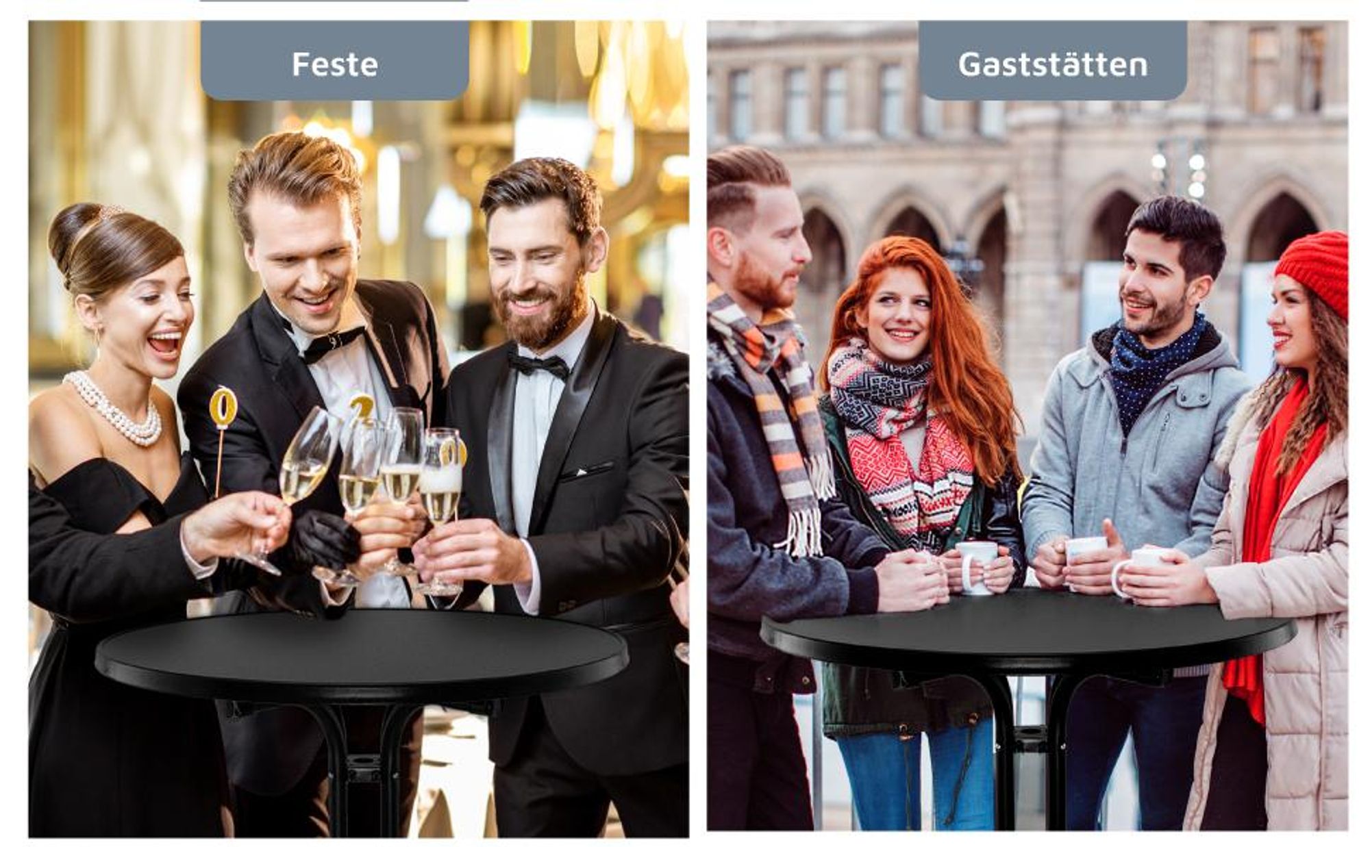 BeFair Gastro Stehtisch klappbar Ø 80 cm – runder Bistrotisch 110 cm Höhe, Indoor & Outdoor, weiß, mit Jacken- & Taschenhaken