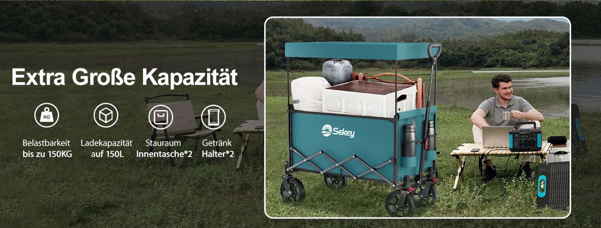 Sekey Bollerwagen mit Dach, Handwagen bis 150 kg belastbar, Transportkarre, Gerätewagen, Blaugrün
