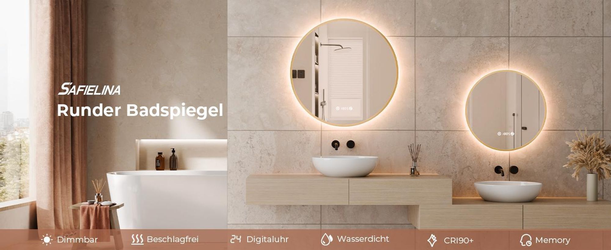 S'AFIELINA Badspiegel mit Beleuchtung Rund 80 cm Diameter, LED Badspiegel mit Touch, Beschlagfrei, Dimmbar, Uhr, Temperatur, Speicherfunktion,Gold