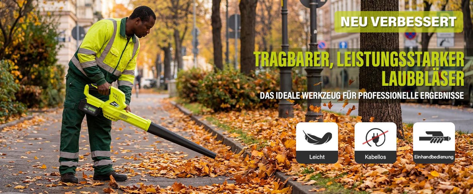 DEWINNER Kabelloser Laubbläser, 2 x 4.0Ah Akkus, 210 km/h, 6 verstellbare Geschwindigkeiten, 2 abnehmbare Rohre, Komplettset, Profi & Garten, Grün