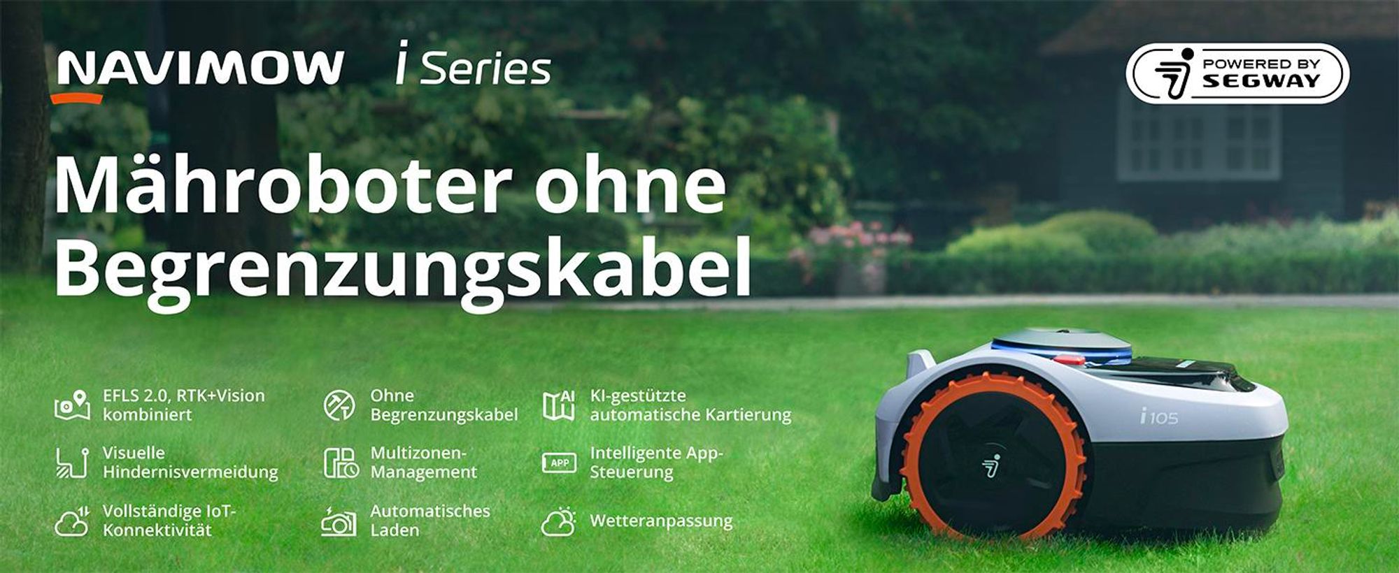 Navimow i105E+Garage S, Mähroboter ohne Begrenzungskabel, Empf. 500 m², Max. 600 m², RTK+Vision Rasenmäher Roboter , Igelschutz Rasenroboter