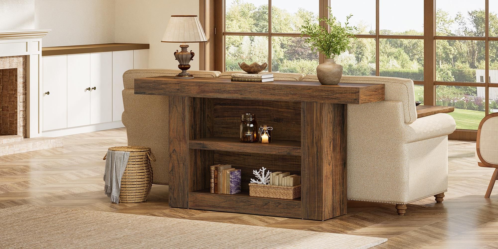 Tribesigns Konsolentisch, 160 cm, Flurtisch mit für Eingang, Schmaler Sofatisch 3 Etagen aus Holz hinter der Couch, Eingang, Flur, Wohnzimmer, Braun