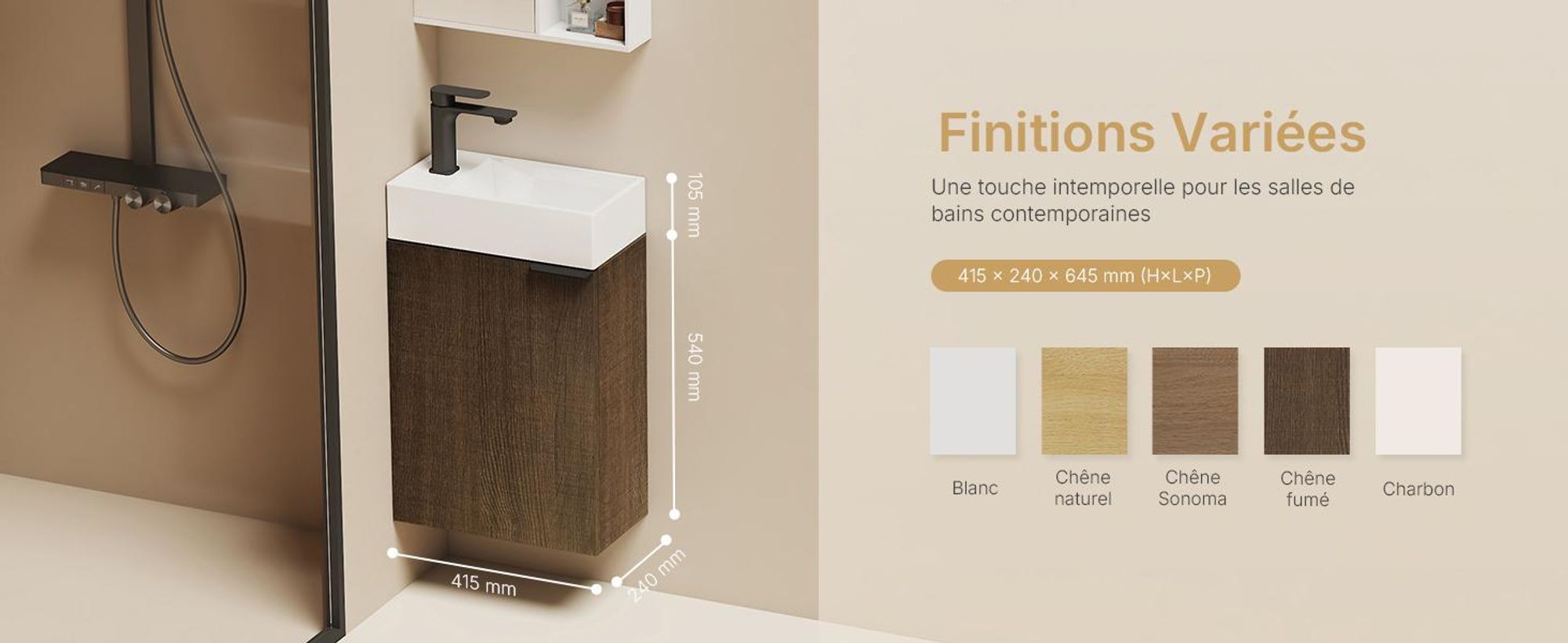 EMKE Ensemble de lavabos Meuble sous-lavabo avec vasque en céramique 417×240×646 mm suspendu, Soft-Close, chêne fumé