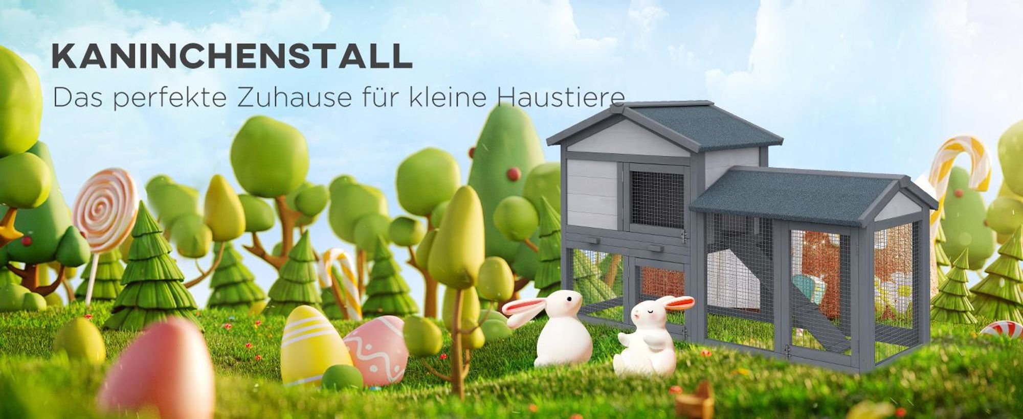 PawHut Kleintierstall mit Freilauf Kleintierkäfig für draußen Tannenholz Grau