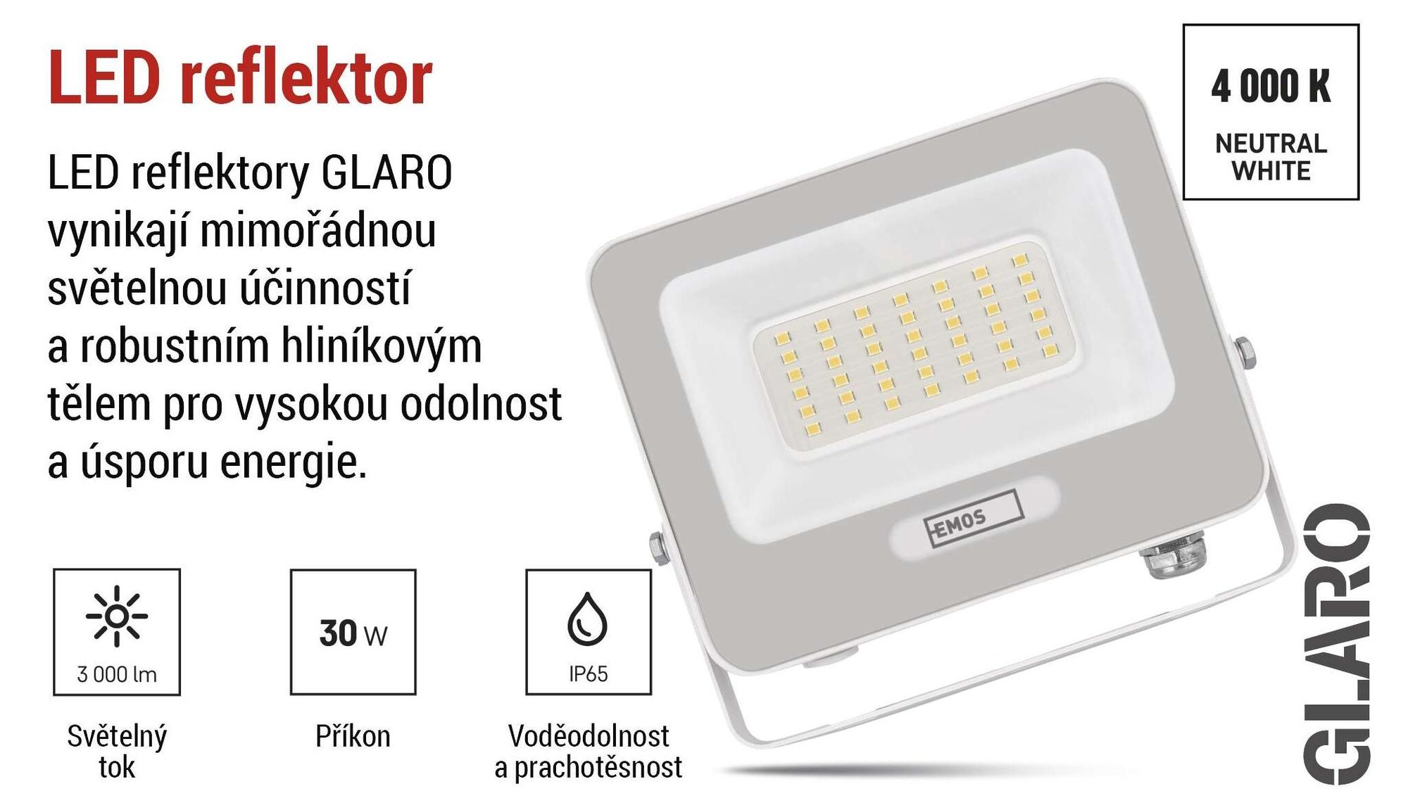 EMOS LED hliníkový reflektor GLARO 30W, IP65 vodotěsný pro venkovní prostory, 3000lm, neutrální bílá 4000K, 20cm gumový kabel, bílý, ZS2234W