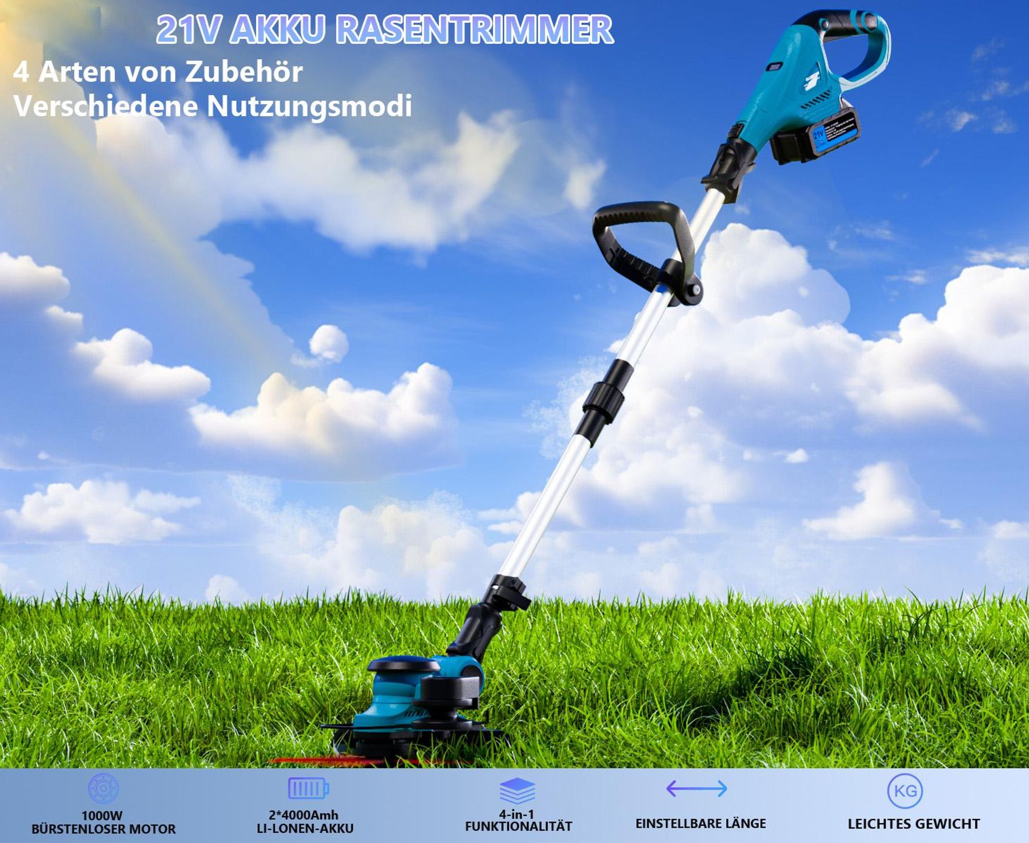 Akku Rasentrimmer 1000W Bürstenloser Motor 4-in-1-Rasentrimmer, mit 21V 2x 4,0Ah Akku Freischneider Gartengeräte, Teleskopstiel, 26 cm Schnittkreis