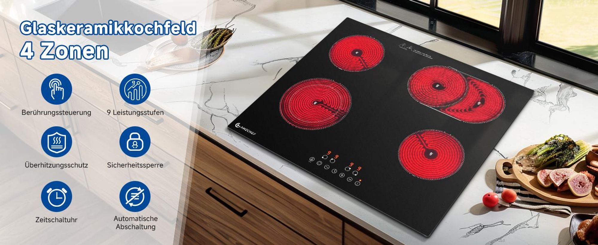 AMZCHEF Glaskeramikkochfeld 60 cm, 4 Zonen, 7200 W, 9 Leistungsstufen, Dual- & Ovalzone, Touch-Control, Timer, Kindersicherung