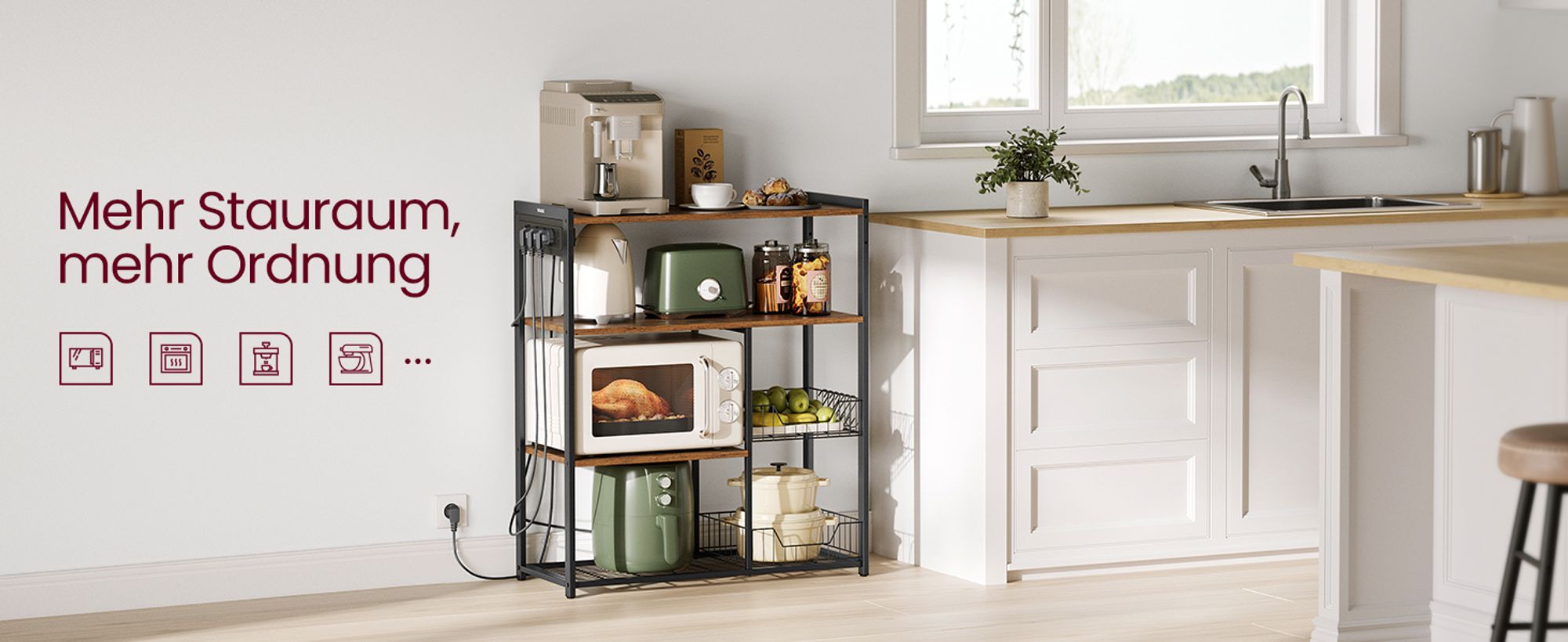 VASAGLE Küchenregal mit Steckdosen, 2 Metallkörben, 6 Haken, 35 x 80 x 93,5 cm, braun