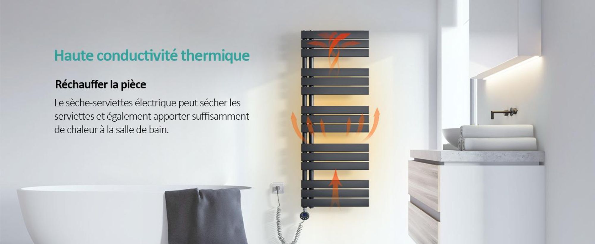 EMKE Sèche-serviettes Électrique Asymétrie Radiateur de salle de bain avec thermostat programmable Chauffe-serviettes 762 x 600mm Anthracite Porte-serviettes Radiateur avec thermoplongeur 400W