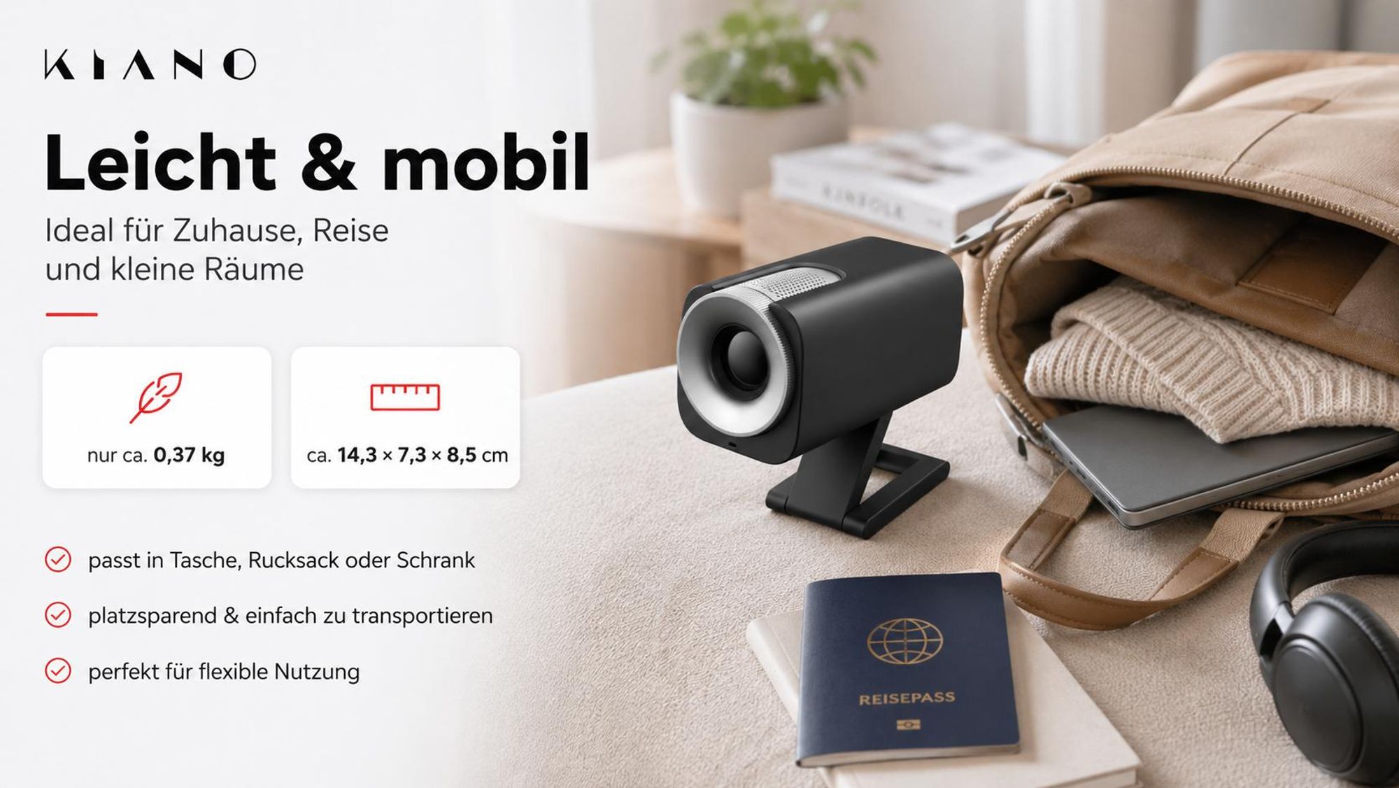 Kiano GO Mini Beamer, Android Projektor HD 720p, WLAN, bis 128 Zoll, Schwarz