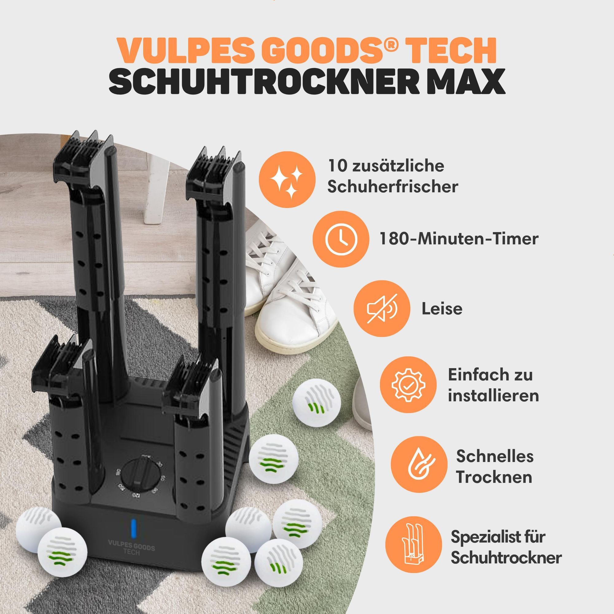 Vulpes Goods Schuhtrockner, Schuherfrischer, Timer, Ozon & Trocknungsfunktion, Geruchsentferner, Fußwärmer, Schuherfrischer, Inkl. 10 Schuhauffrischer