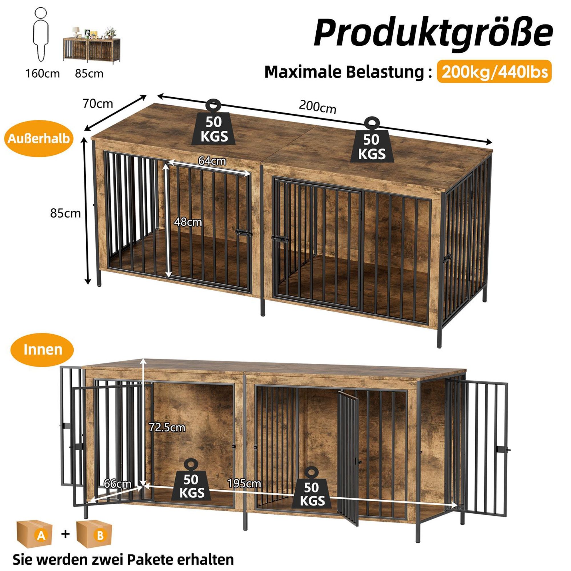 Hundekäfig mit 4 Türen 2 Hunde mit Trennwand, 200*70*85CM Hundebox Hundehaus mit Tischoberfläche, XXL Stabile Hundehütte für große Hunde, bis zu 200KG