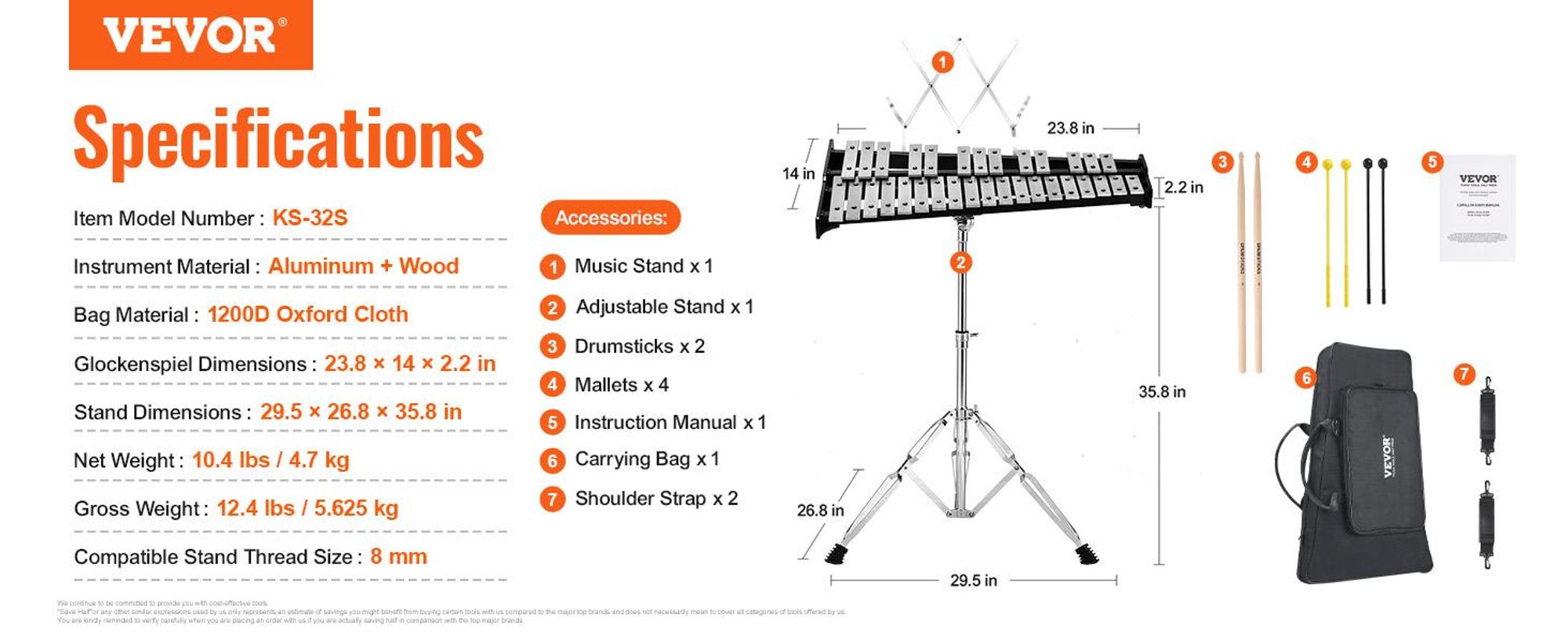 VEVOR Glockenspiel-Xylophon-Set mit 32 Tönen, Schlaginstrumenten-Set mit Schlägeln, Trommelstöcken, Notenständer, verstellbarem Ständer