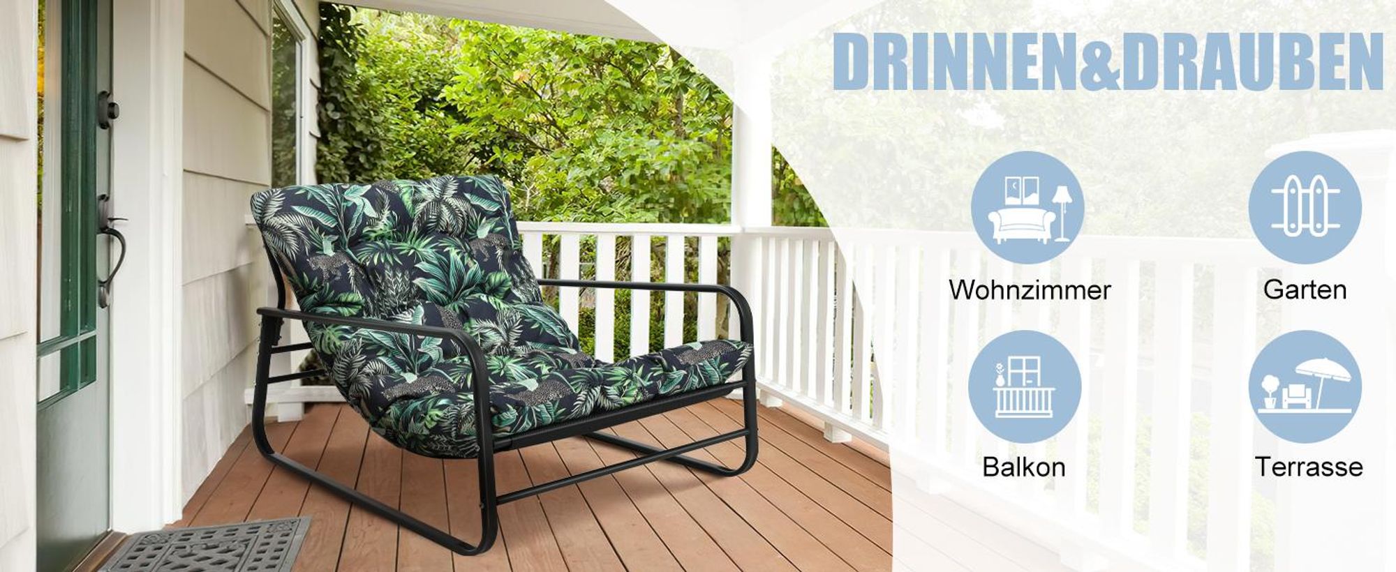 Sessel Wohnzimmer Gartenliege mit Wendekissen Balkon möbel aus Stahl gepolsterter Stuhl für 2 Personen Balkon Garten Terrasse