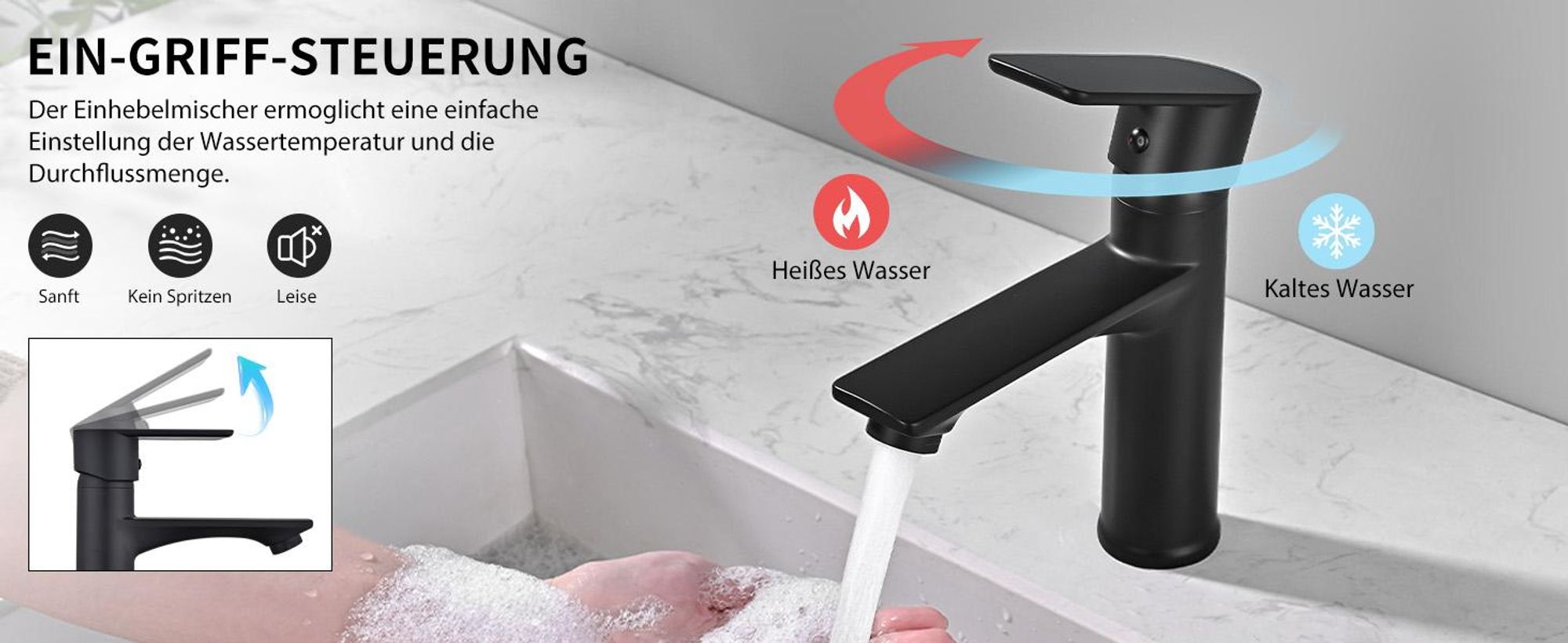 Homelody Wasserhahn Bad Schwarz +Universal Ablaufgarnitur Schwarz, Armatur Mischbatterie Waschbeckenarmatur mit Pop-Up Ventil Edelstahl Messing