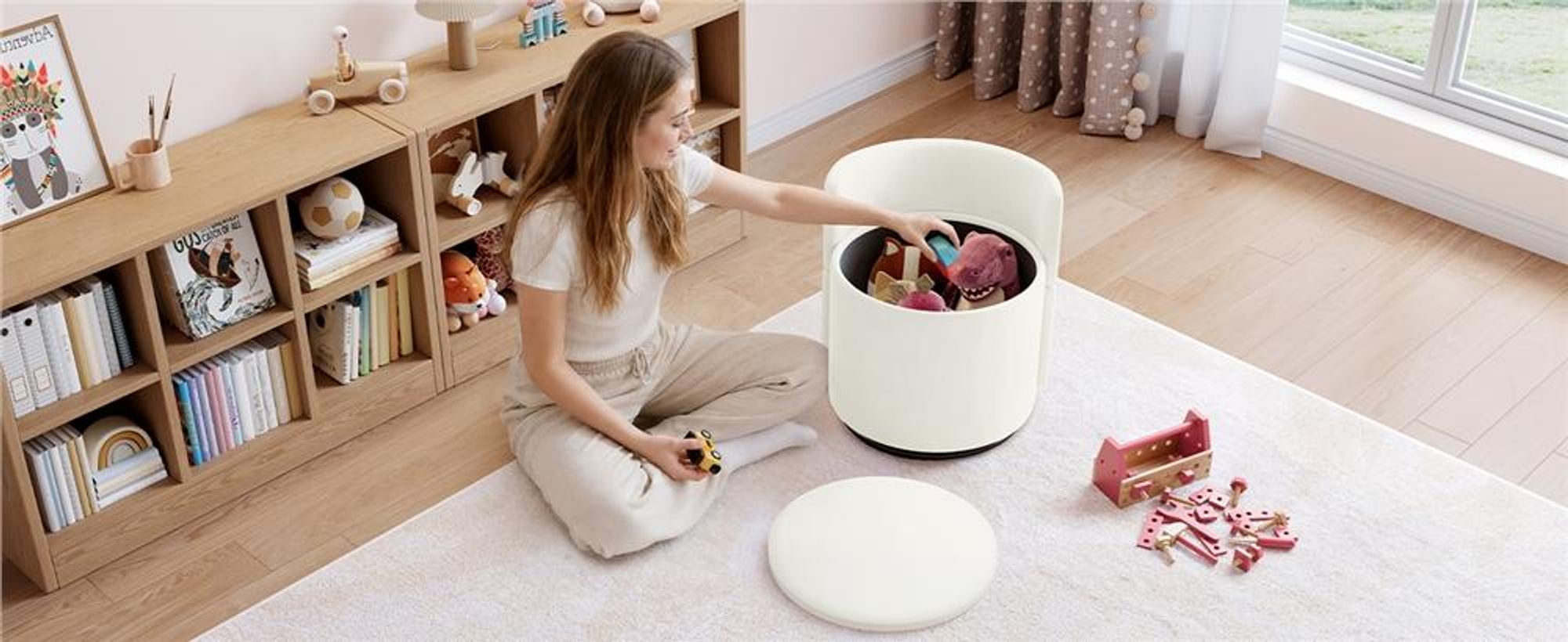 Yaheetech Drehbarer Sitzhocker mit Stauraum 40 L, gepolsterter Schminkhocker, Hocker für Schminktisch, aus Samtbezug, bis 136 kg, Weiß