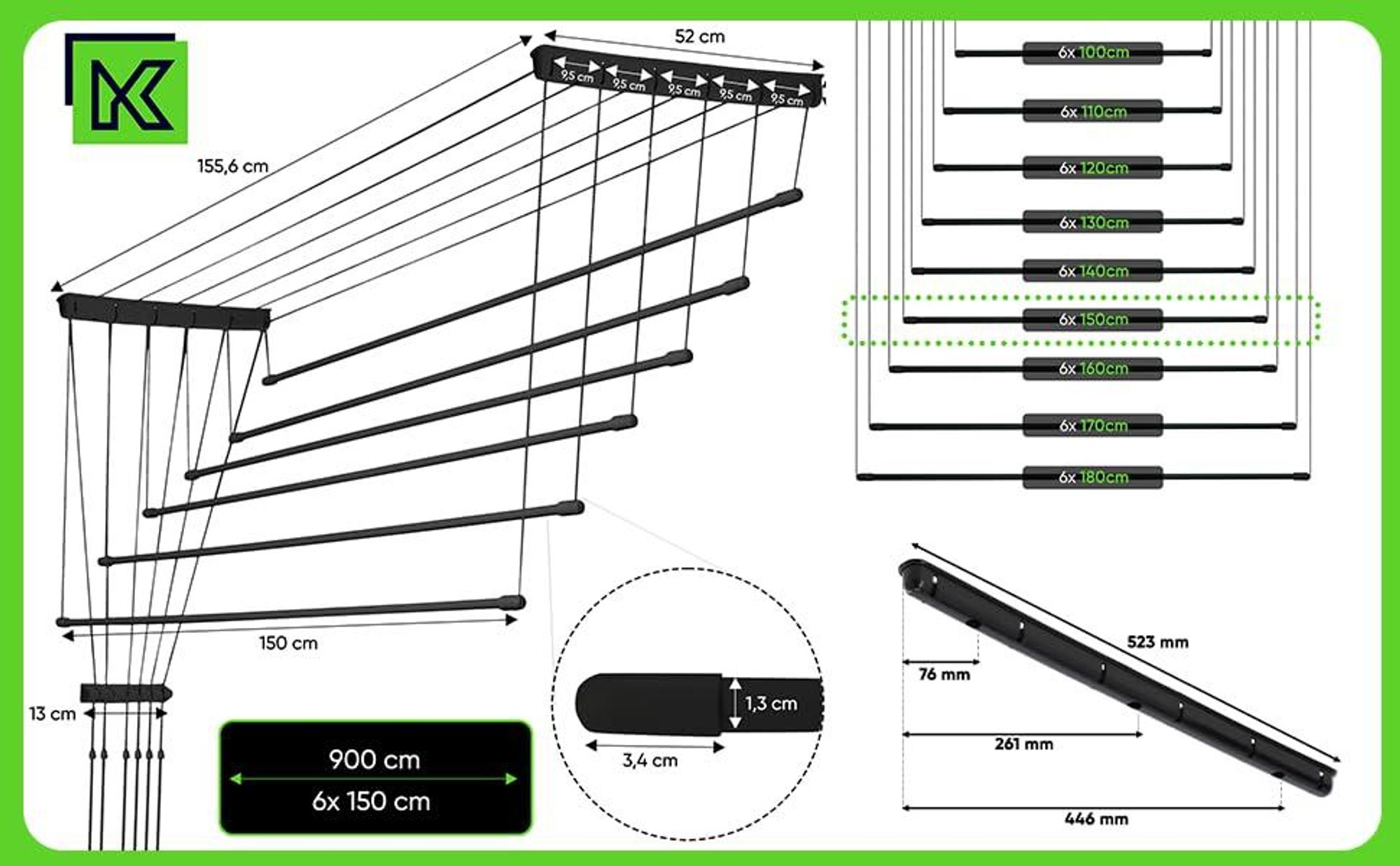 KADAX Deckenwäschetrockner "Torp", Deckentrockner Traglast 12kg, 6 Stäbe, 150 cm, schwarz