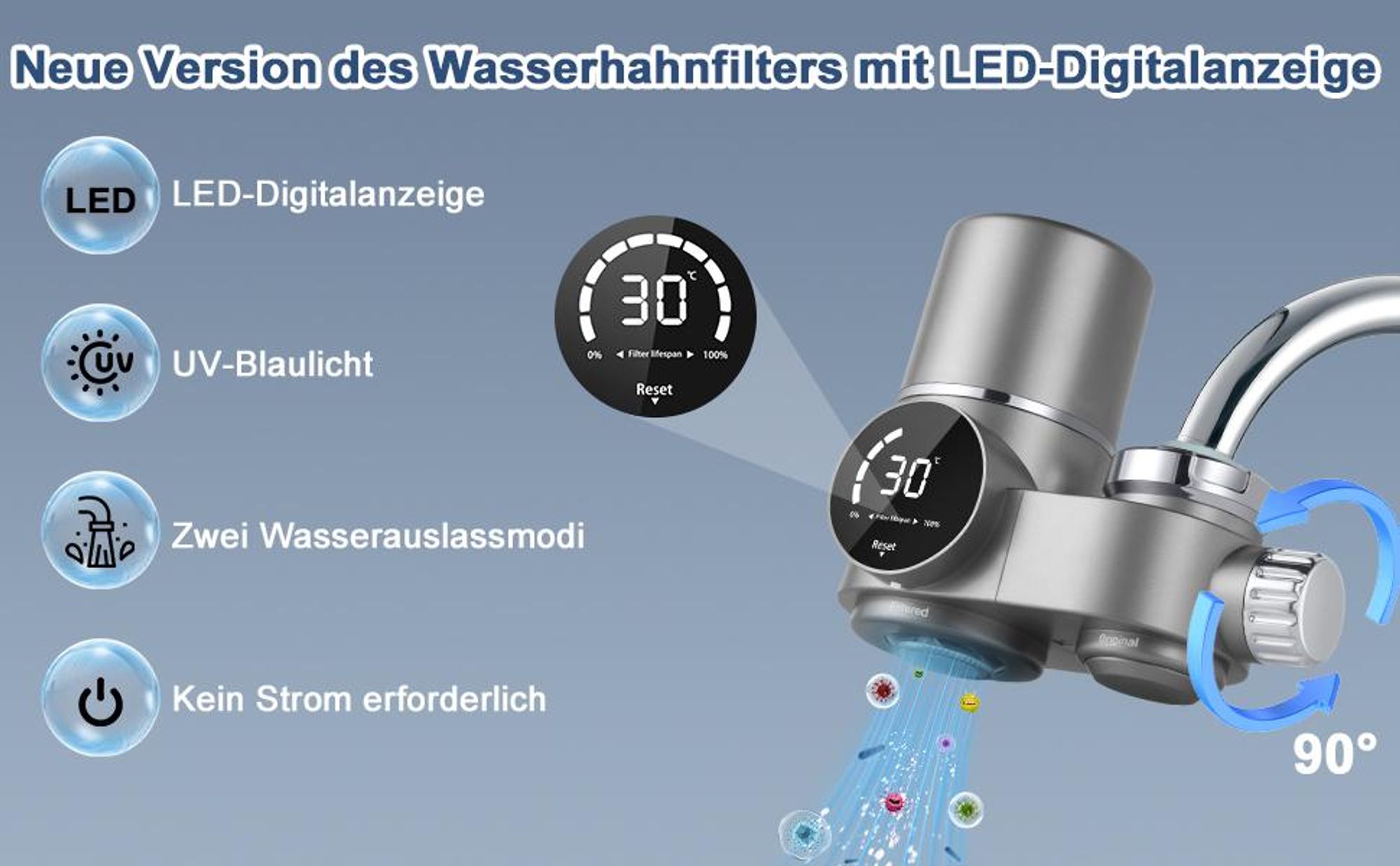 Wasserfilter für Wasserhahn, Edelstahl Leitungswasserfilter, UV-Sterilisation, LED-Display, Entfernt Chlor, Schwermetalle, Schlechten, Mikroplastik