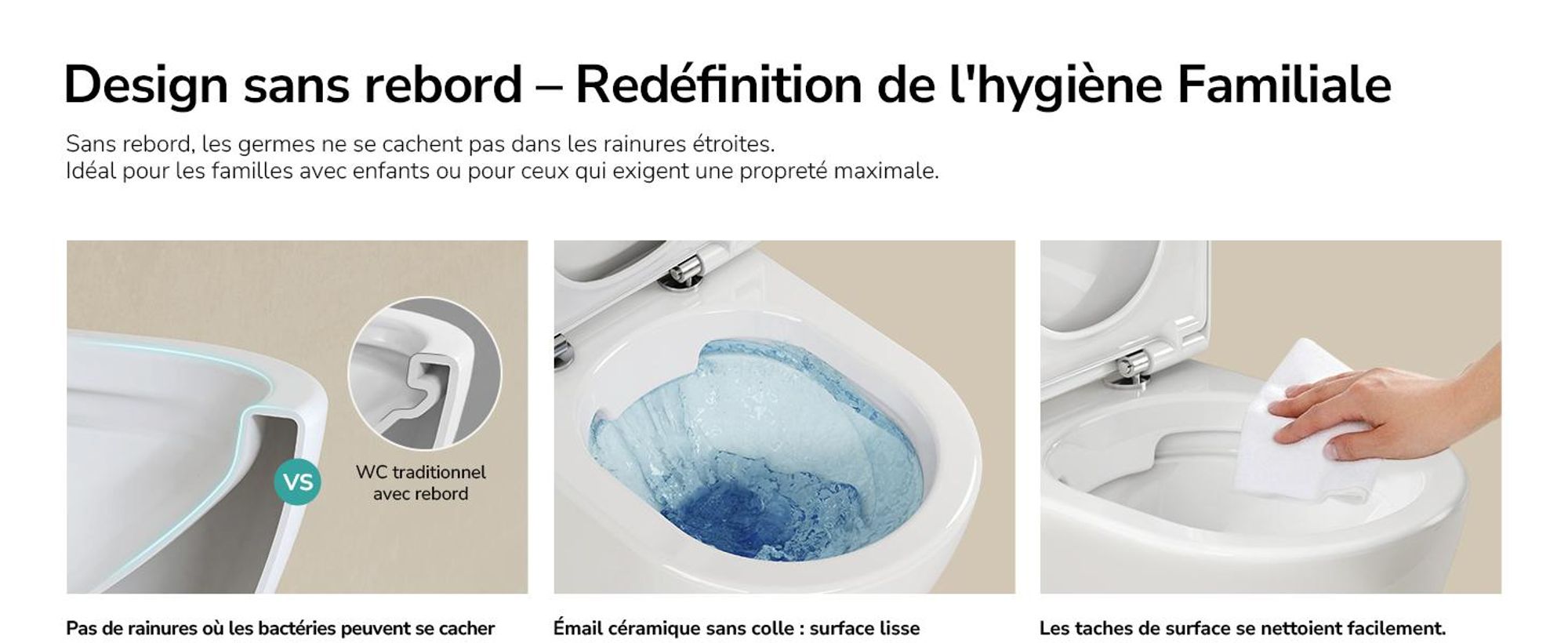 EMKE Toilettes suspendues sans rebord Céramique Economies d'eau Toilettes à montage mural avec chasse d'eau directe Contre-rinçage à double trou Couvercle Soft-Close Blanc brillant