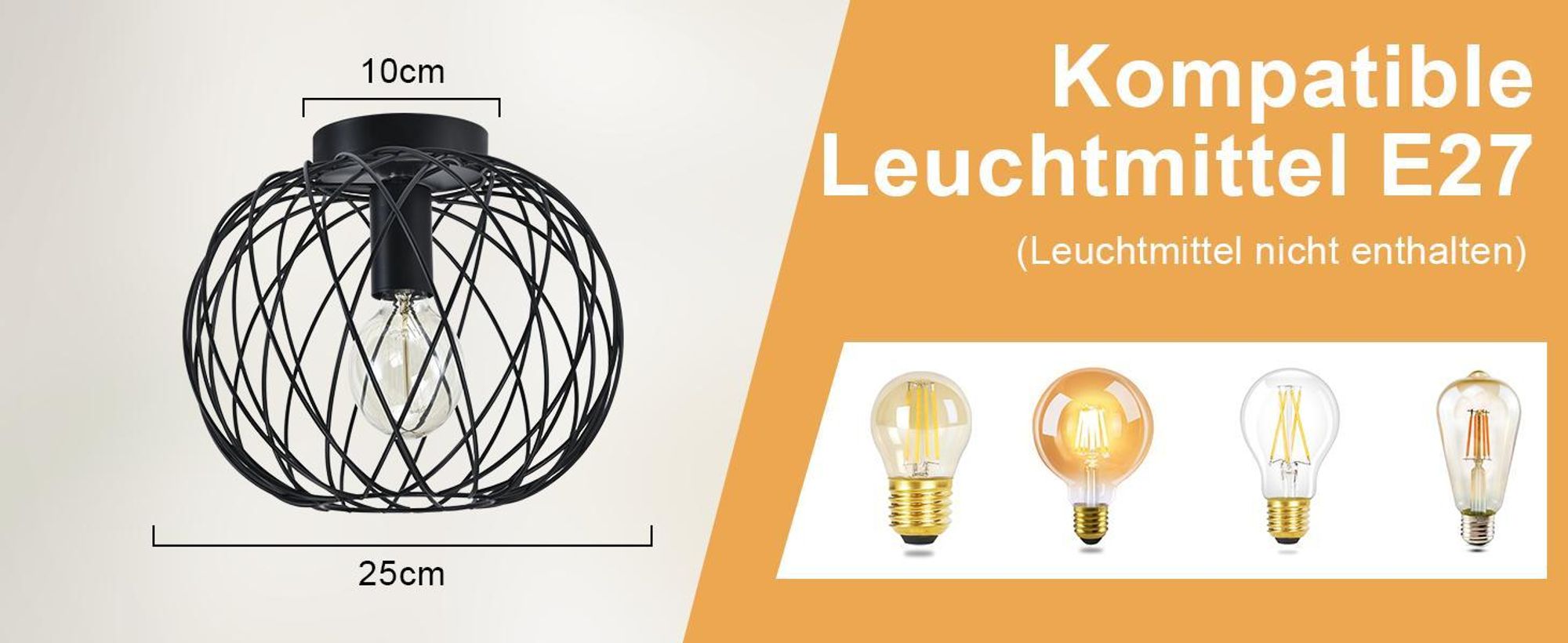 Lampe de plafond ZMH à 1 ampoule, lampe de salle à manger Ø 25 cm, plafonnier de couloir E27, style industriel, cage métallique, grille rétro, pour salon, cuisine, chambre à coucher, noir