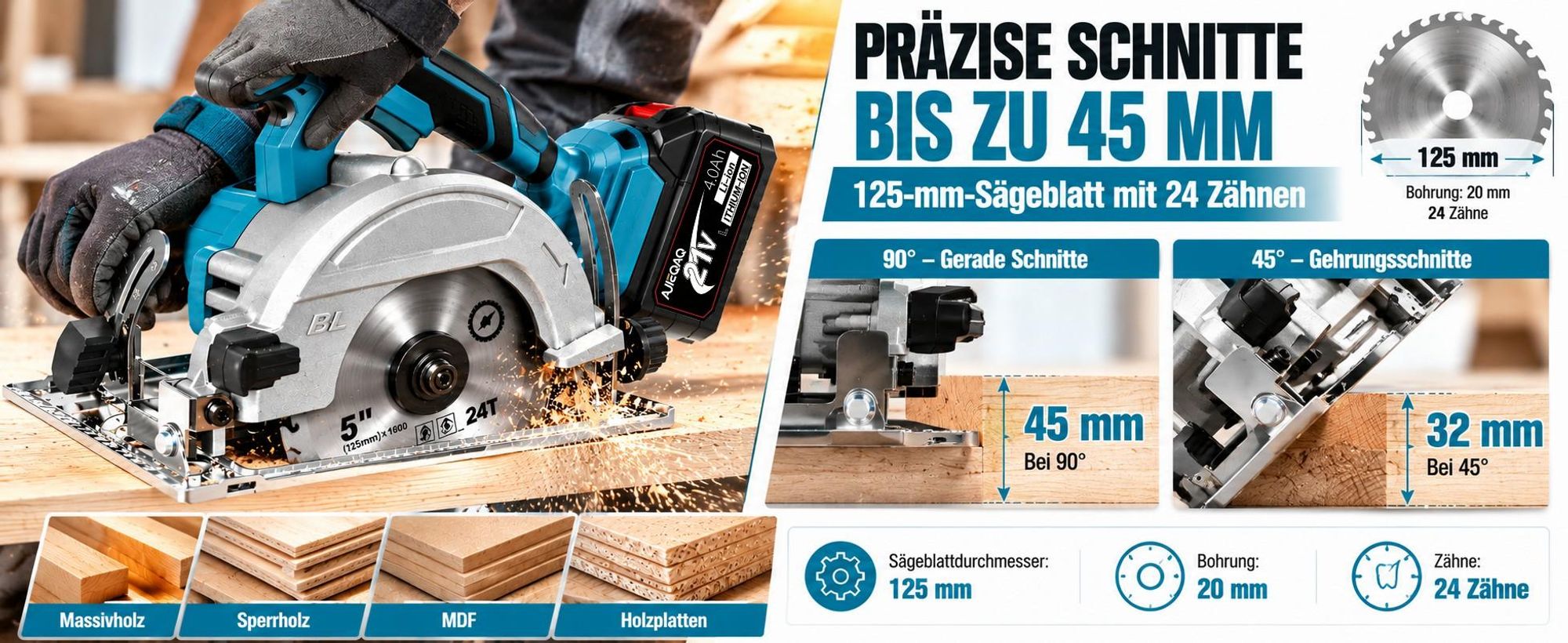 Akku-Handkreissäge 21V 2000W Brushless, 125mm Mini Kreissäge mit 2×4,0Ah Akkus, 10800 U/min, 45mm Schnitttiefe, 0–45° einstellbar, 3 Sägeblätter