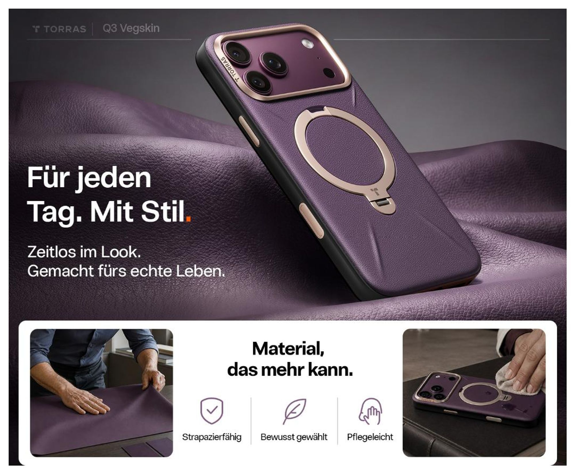 TORRAS Ostand Q3 VegSkin Hülle für iPhone 18 Pro Handyhülle Nachhaltig Silikonleder 360° Unsichtbarer Magnetständer Burgunderrot