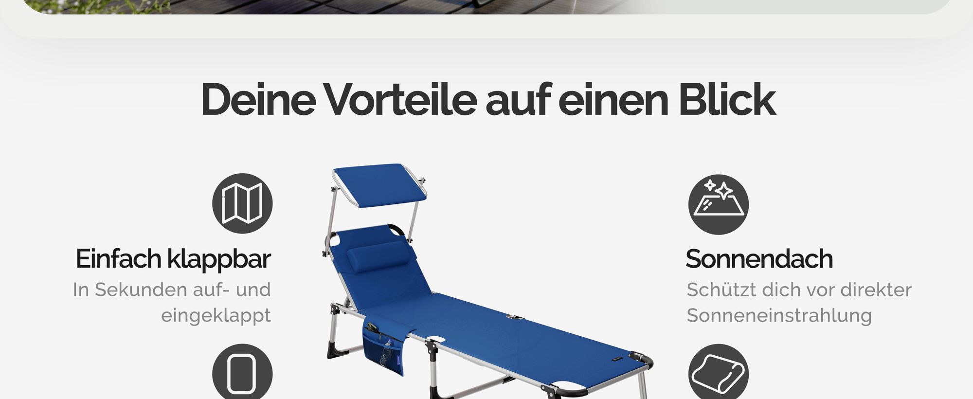 CASARIA® Sonnenliege Klappbar 180kg Belastbar Seitentasche Abnehmbar Wetterfest Gartenliege mit Dach Kopfkissen Leicht Alu Liegestuhl Strandliege Blau
