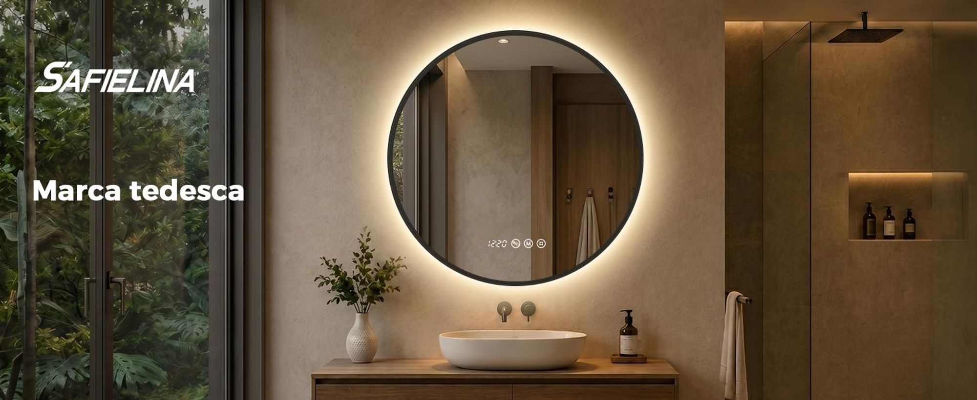 S'AFIELINA Specchio da bagno LED Rotondo 70cm, touch, antiappannamento, dimmerabile, orologio, temperatura, memoria, Nero