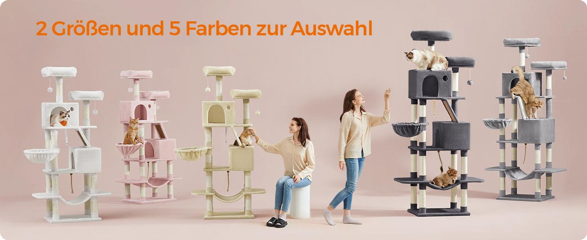 Feandrea Kratzbaum 206 cm, XXL, mit 13 Kratzsäulen, 2 Plattformen pastellrosa