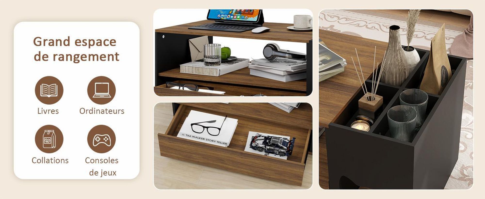 Puluomis Table basse avec niche pour chat, table basse avec éclairage LED RGB et télécommande, grand compartiment de rangement et tiroir, pour salon