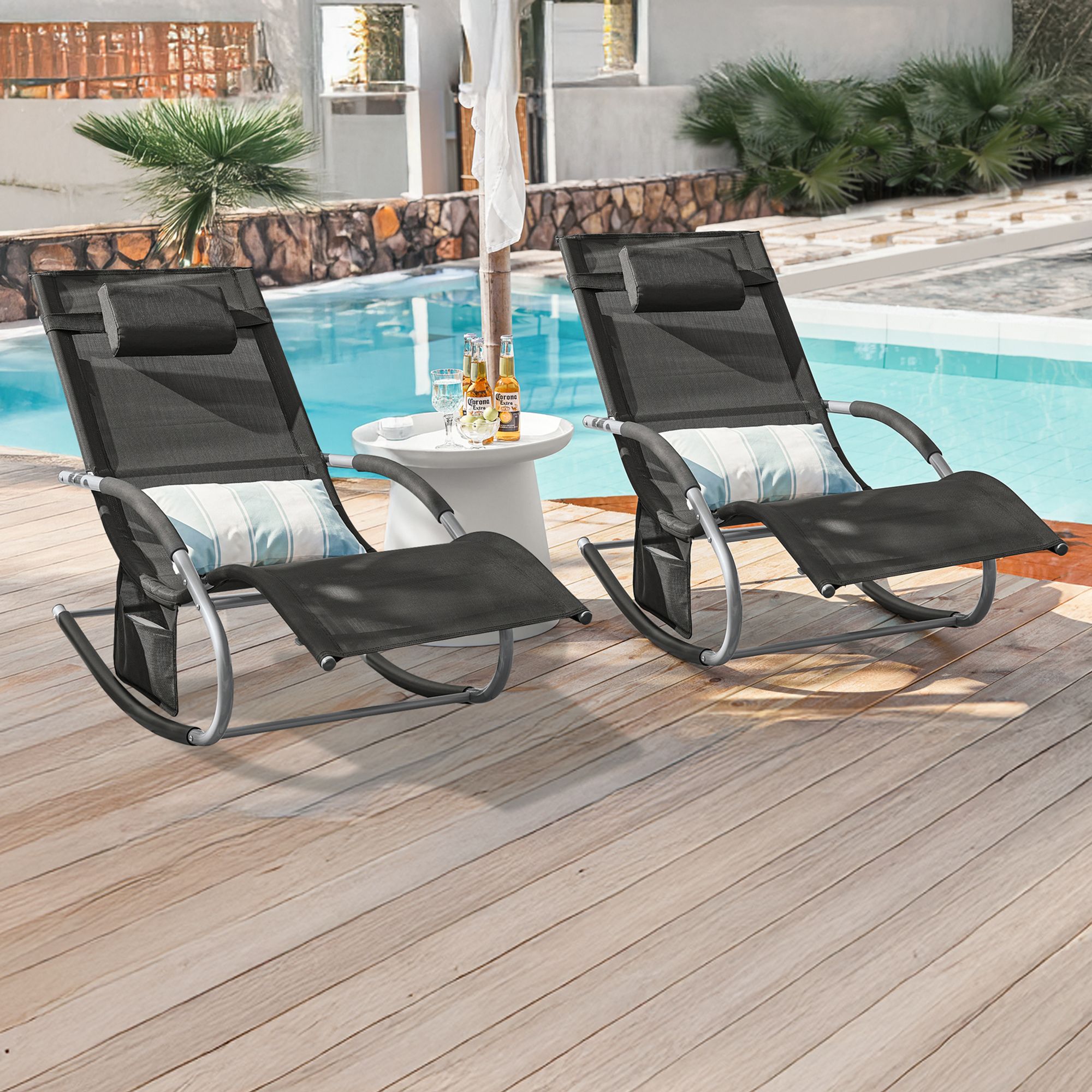 SoBuy OGS28-SCHx2 Sonnenliege 2 Personen Liegestuhl Gartenliege wetterfest Schaukelstuhl mit Kopfkissen Schaukelliege Strandliege bis 150 kg Schwarz