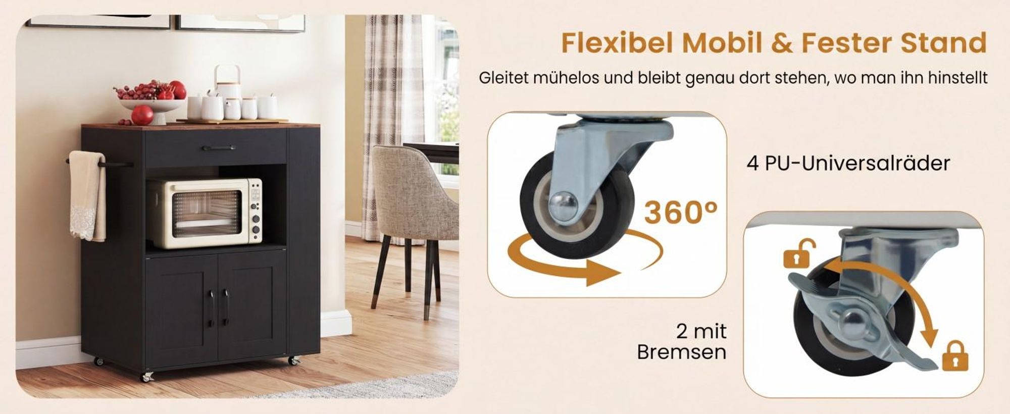 Küchenwagen auf Rollen, Kücheninsel Holz mit Arbeitsplatte, Servierwagen Rollwagen mit Schublade, Küchentrolley mit feststellbaren Lenkrollen (weiß)