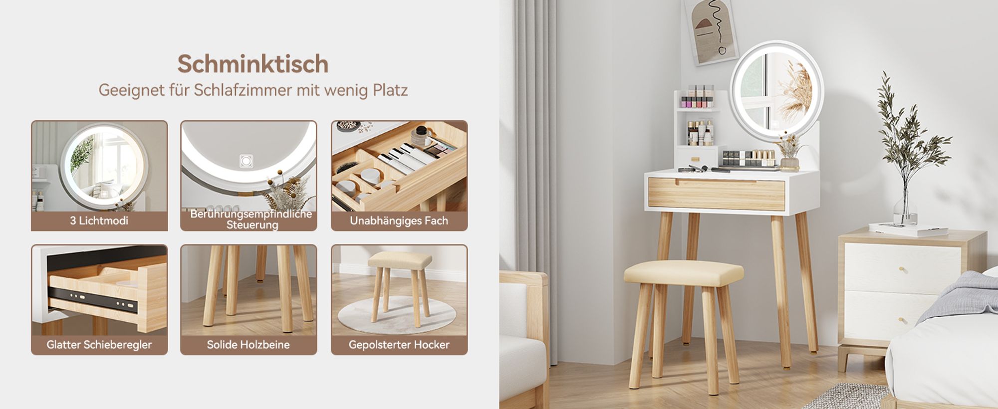 Puluomis Schminktisch mit LED Beleuchtung runder Spiegel, Kosmetiktisch mit gepolstertem Hocker und Schubladen,3 Beleuchtungmodi, Holzfarbe weiß
