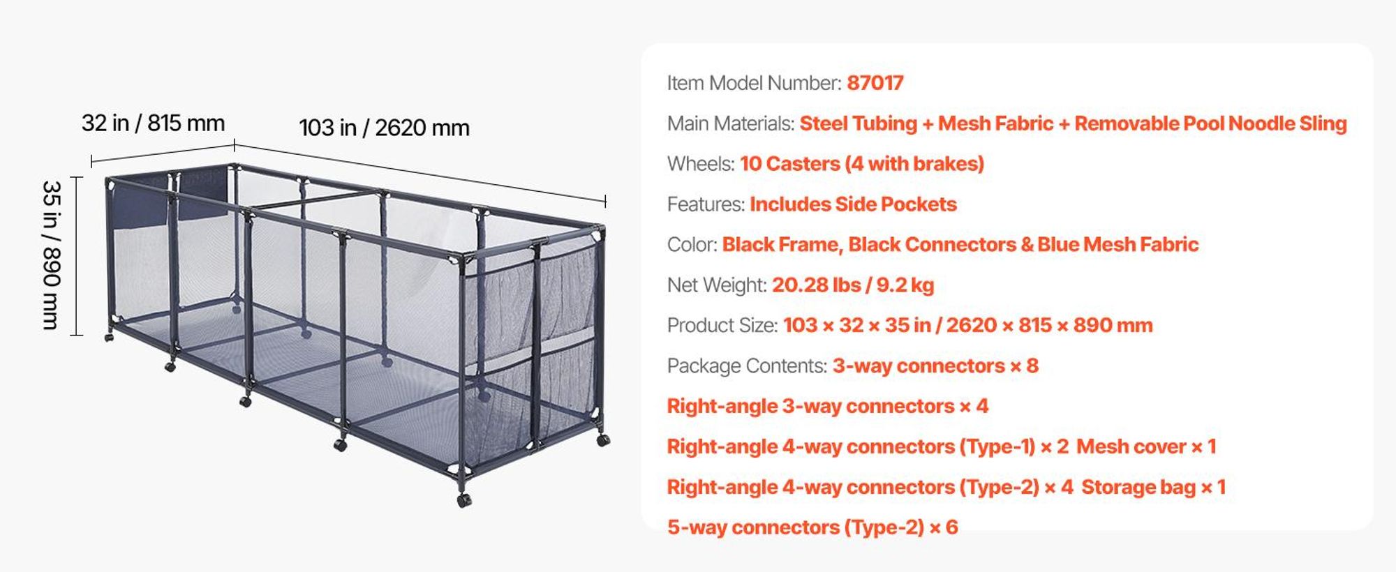VEVOR Pool Aufbewahrungsbehälter 2620x815x890 mm, Organizer mit Seitentaschen, Metallrahmen, Netzkorb, Aufbewahrungsbox, Organisationskorb, Aufbewahrungskorb, Aufbewahrungswagen für Poolspielzeug