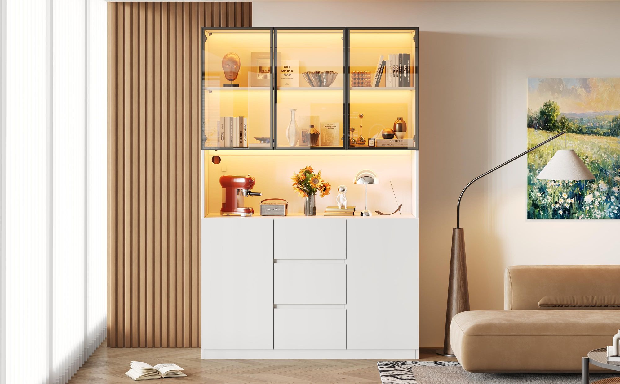Merax LED-Glasvitrine, Küchenschrank mit 3 Glastür, 2 Holztür, Offene Regale, 3 Schubladen, Sideboard für Wohnzimmer und Esszimmer, Weiß