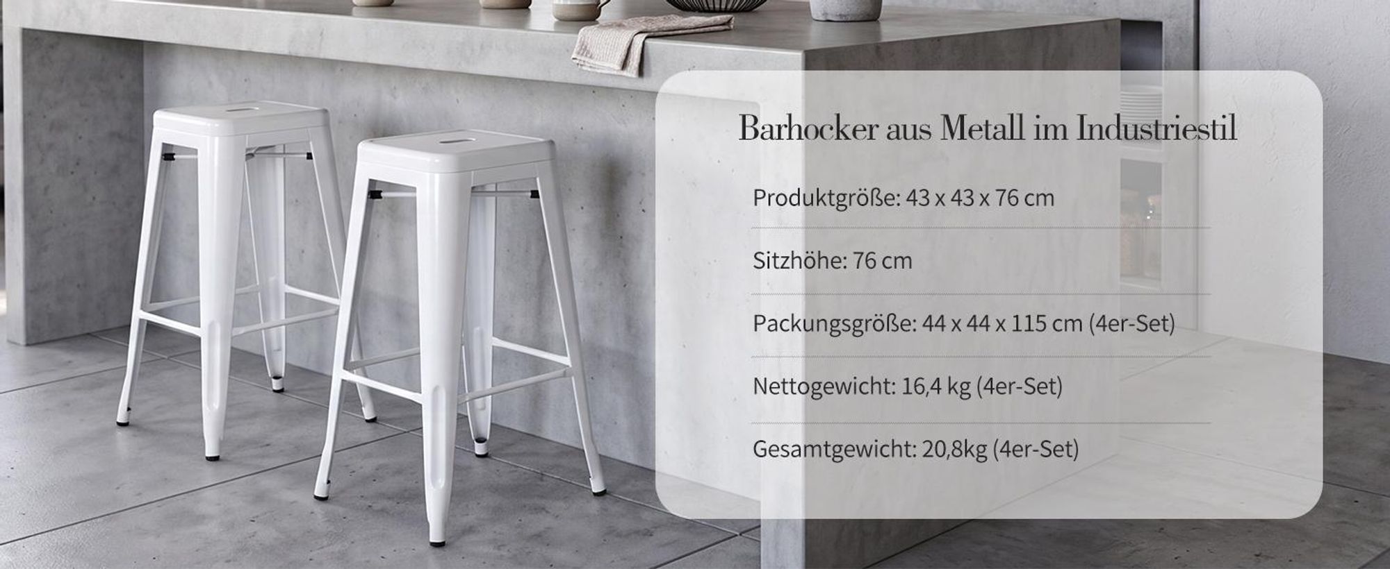 Duhome Barhocker 76 cm Sitzhöhe, Stapelbare Metall-Barstühle mit Fußstütze, Tresenhocker im Industrial Design, Weiß