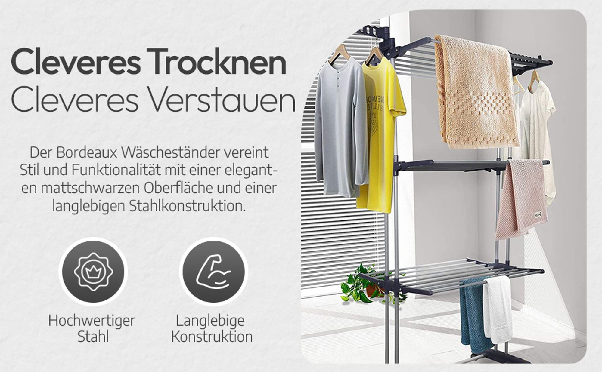 Meisterhome® Klappbarer Wäscheständer Wäscheturm Effizientes Trocknen mit 3 Ebenen, 2 Seitenflügeln - Trockenleinenlänge - Platzsparend, vielseitig und mobil für drinnen und draußen – Schwarz, Länge:25m