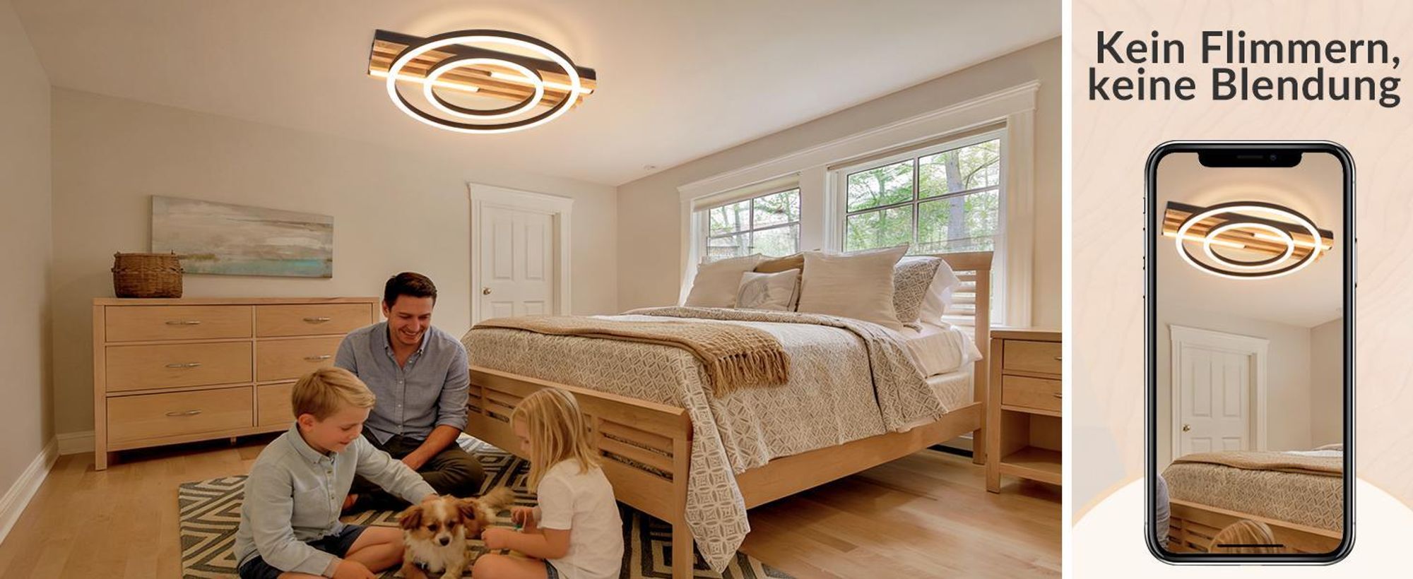 ZMH LED Deckenlamape 34W Holz Deckenleuchte Dimmbar 55CM Schlafzimmer Lampe 2 Ring wohnzimmerlampe Fernbedienung für Schlafzimmer Küche Esszimmer Rund