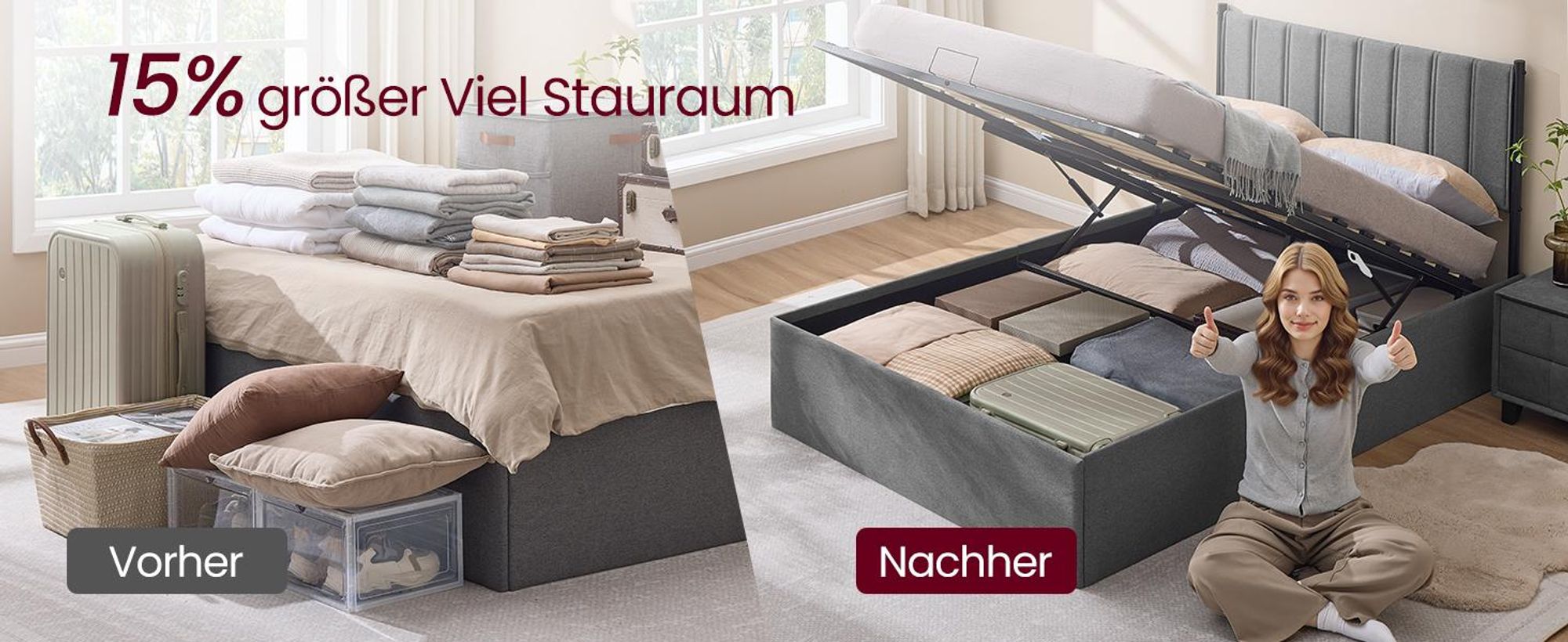 VASAGLE Bettgestell, 180 x 200 cm, hochklappbar Lattenrost, Stauraum unter dem Bett, mit Kopfteil, grau