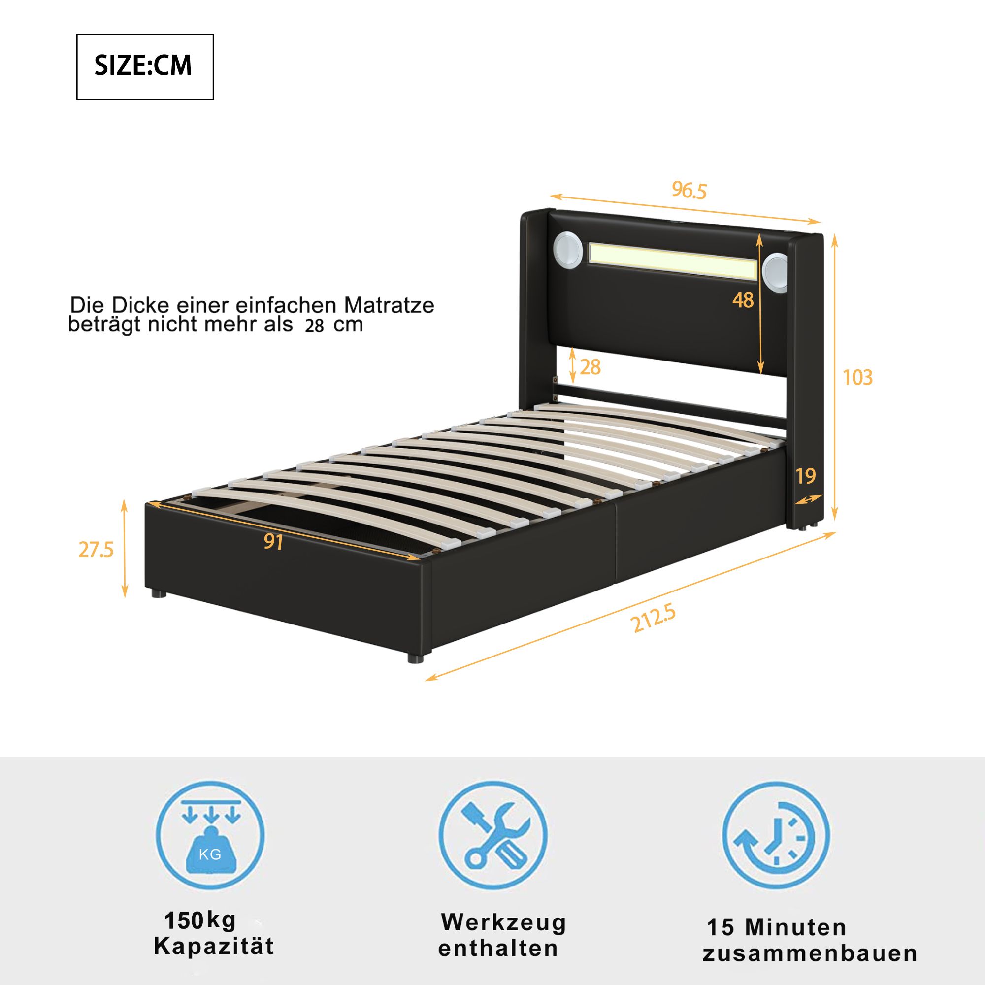 Flieks Polsterbett 90x200cm mit USB und Bluetooth-Player, Boxspringbett Einzelbett mit LED und Lattenrost, Stauraumbett Jugendbett, PU, Schwarz