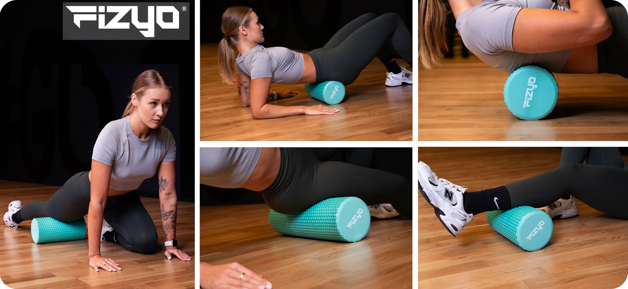 Trening Fitness z wałkiem do masażu z wypustkami 30x15 cm FIZYO — osoba wykonuje ćwiczenia
