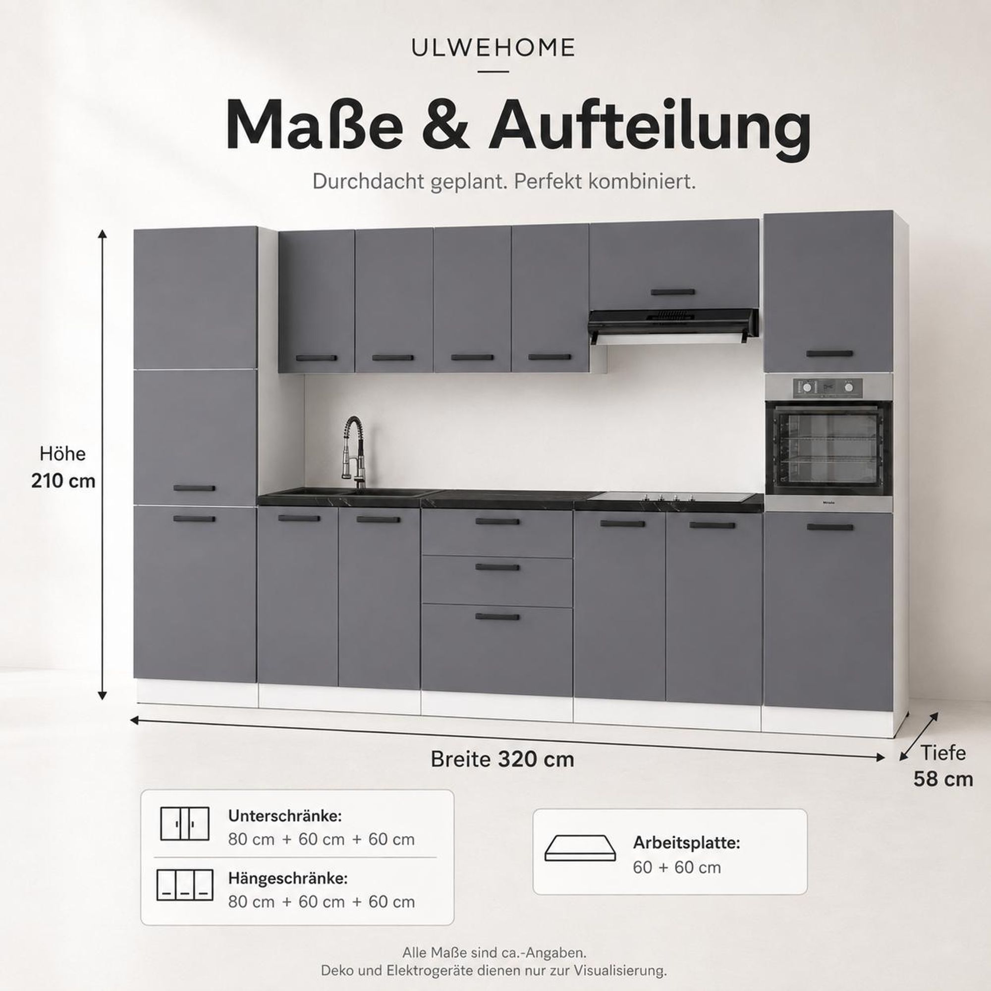 Küchenzeile 320 cm Anthrazit Grafit: Abmessungen, Maße & Schrankaufteilung