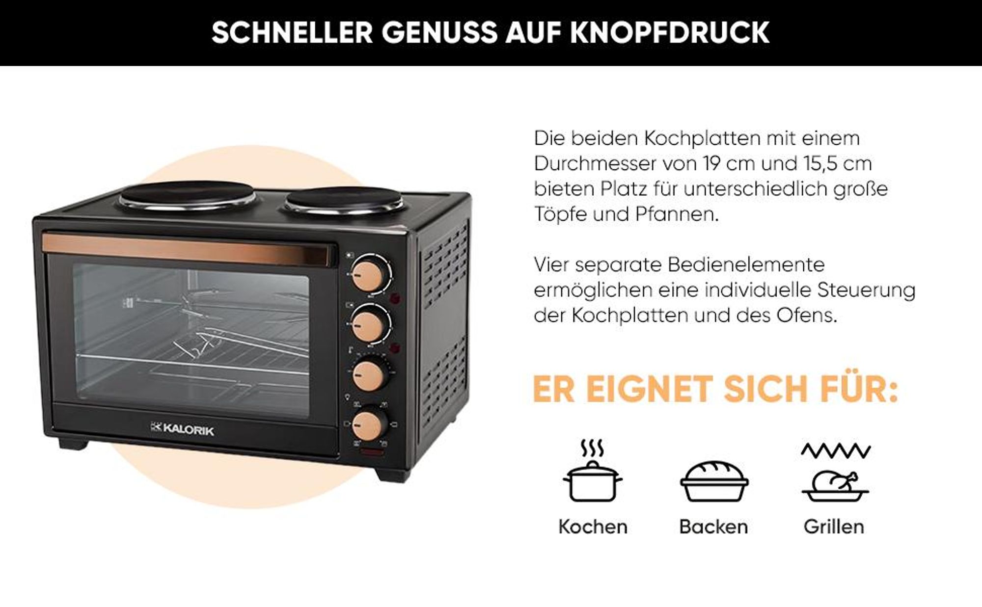 Minibackofen, 30 l, Heizplatten, Förderband, Drehspieß, 3300 W KALORIK