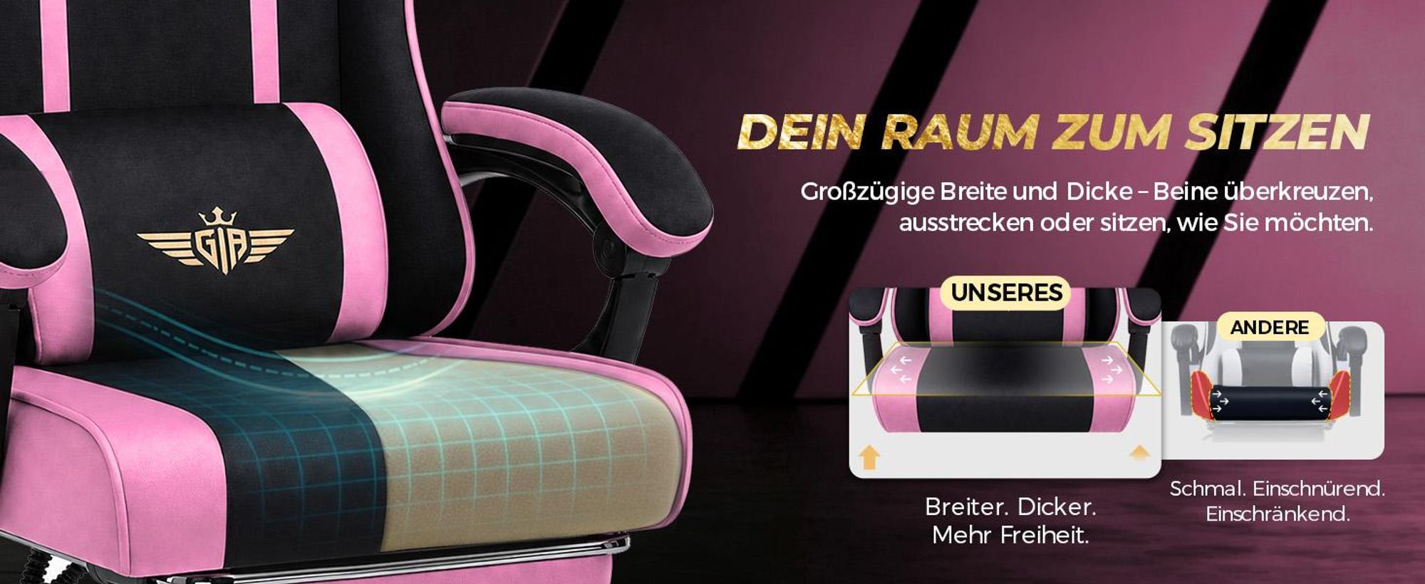 GTPLAYER Gaming Stuhl Ergonomischer Gaming Sessel Schreibtischstuhl mit Stoffoberfläche, Federsitzkissen, Verbindungsarmlehnen und Fußstütze 150KG, ro