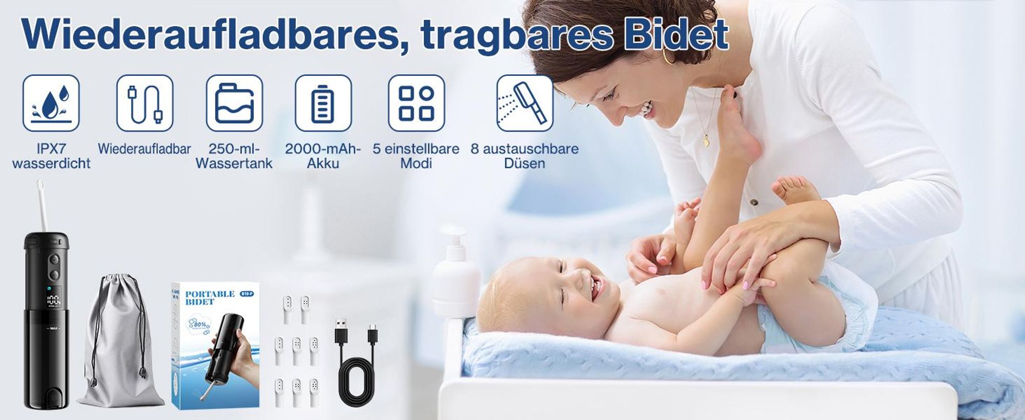 Tragbares Hand-Bidet, Reise-Bidet, Elektrischer Hochdrucksprüher, mit 5 Sprühmodi und 8 Düsen, IPX7 Mini-Handbidet mit LCD-Bildschirm