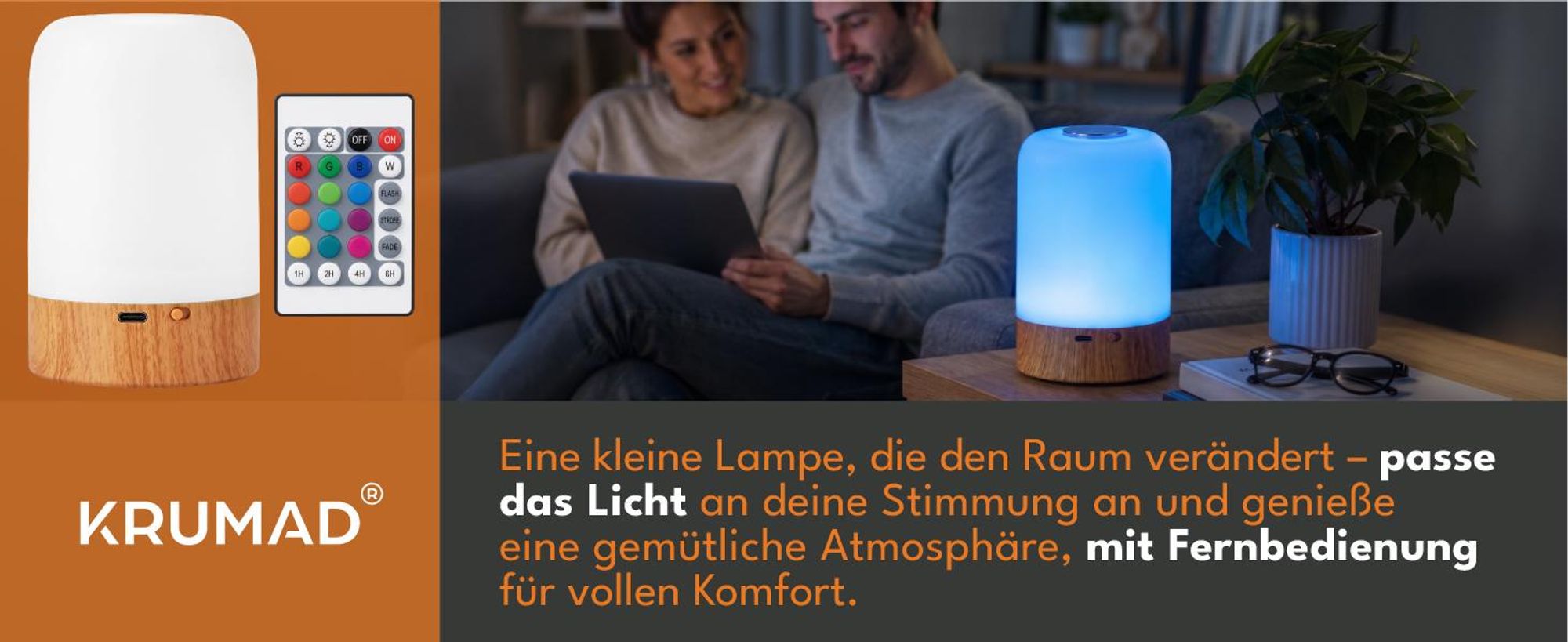 KRUMAD LED Tischlampe mit 13 Farben, Nachtlicht, Touch Steuerung und Fernbedienung, Holzoptik, dimmbare Nachttischlampe USB für Schlafzimmer