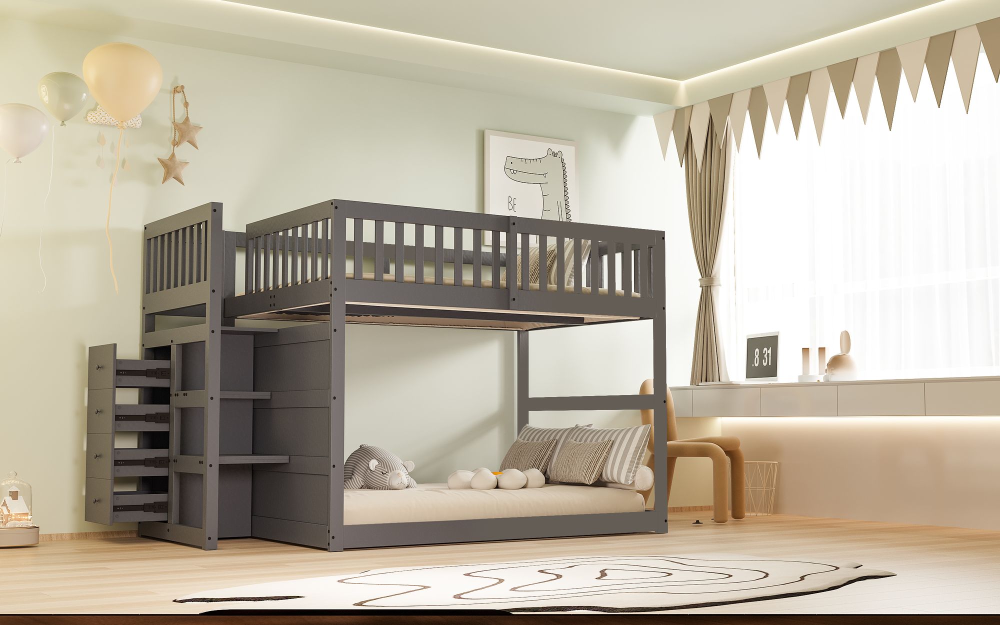Merax Etagenbett 140x200cm mit Lattenrost, Hochbett mit Staufach und Schublade, Kinderbett mit Rausfallschutz und Treppe, Holzbett Jugendbett, Grau