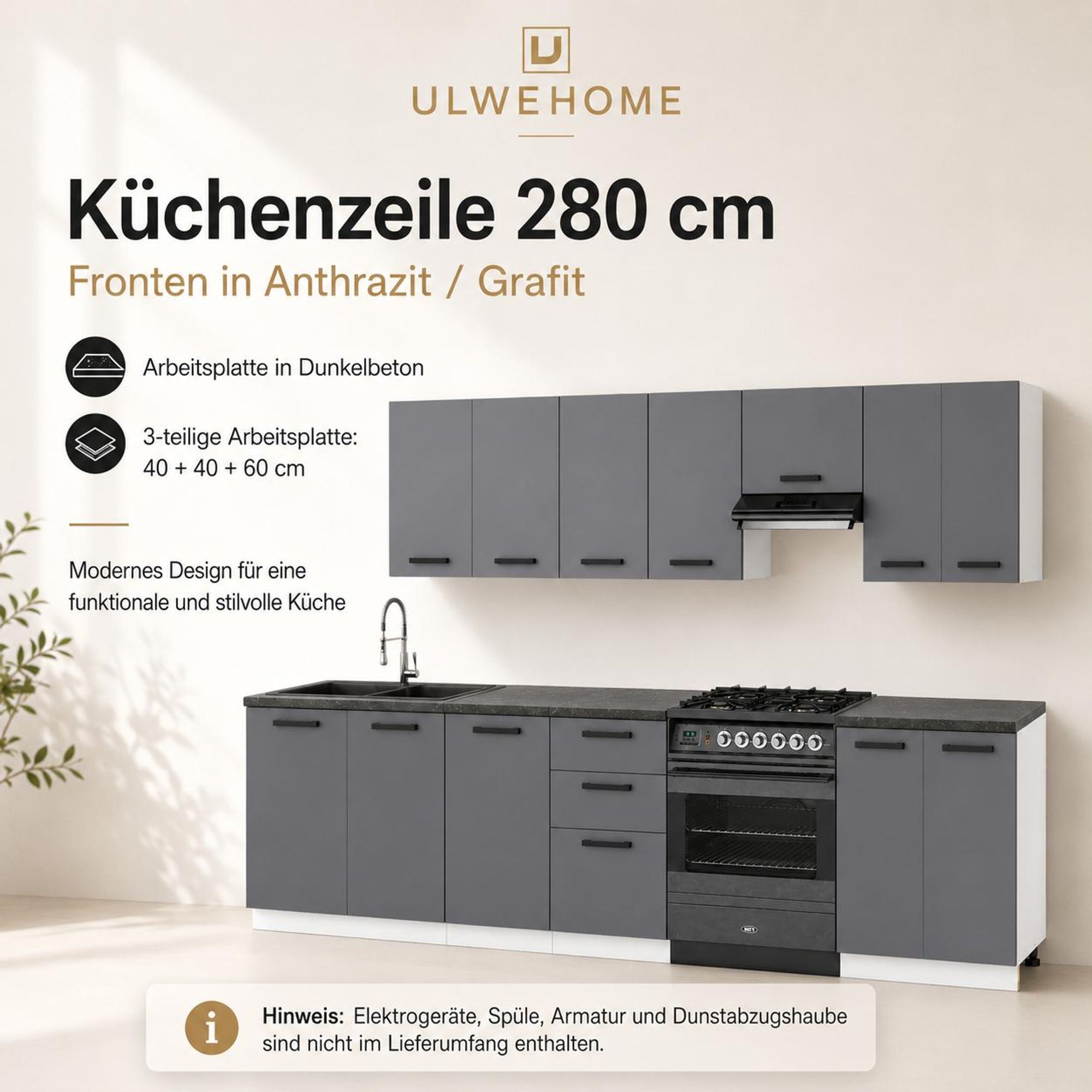 Moderne Küchenzeile 280 cm in Anthrazit mit Dunkelbeton-Arbeitsplatte von ULWEHOME